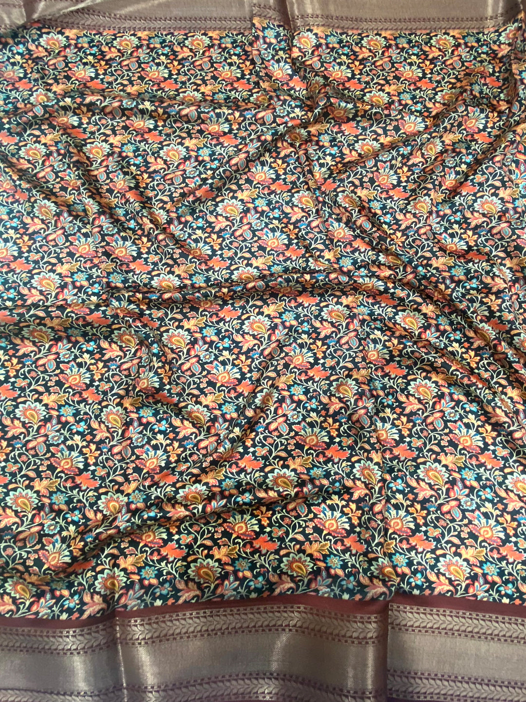 Brown Mughal Kalamkari Print Pashmina Saree by My Store