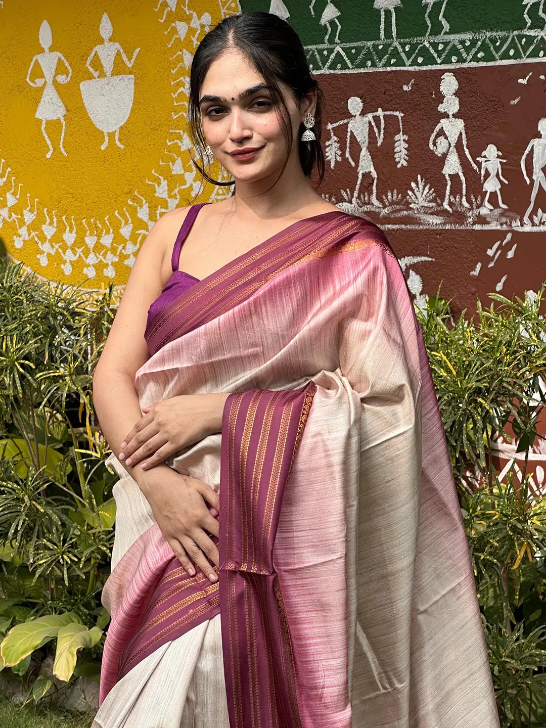 Ikkat Motifs and Paisley Prints on Ghicha Saree by My Store