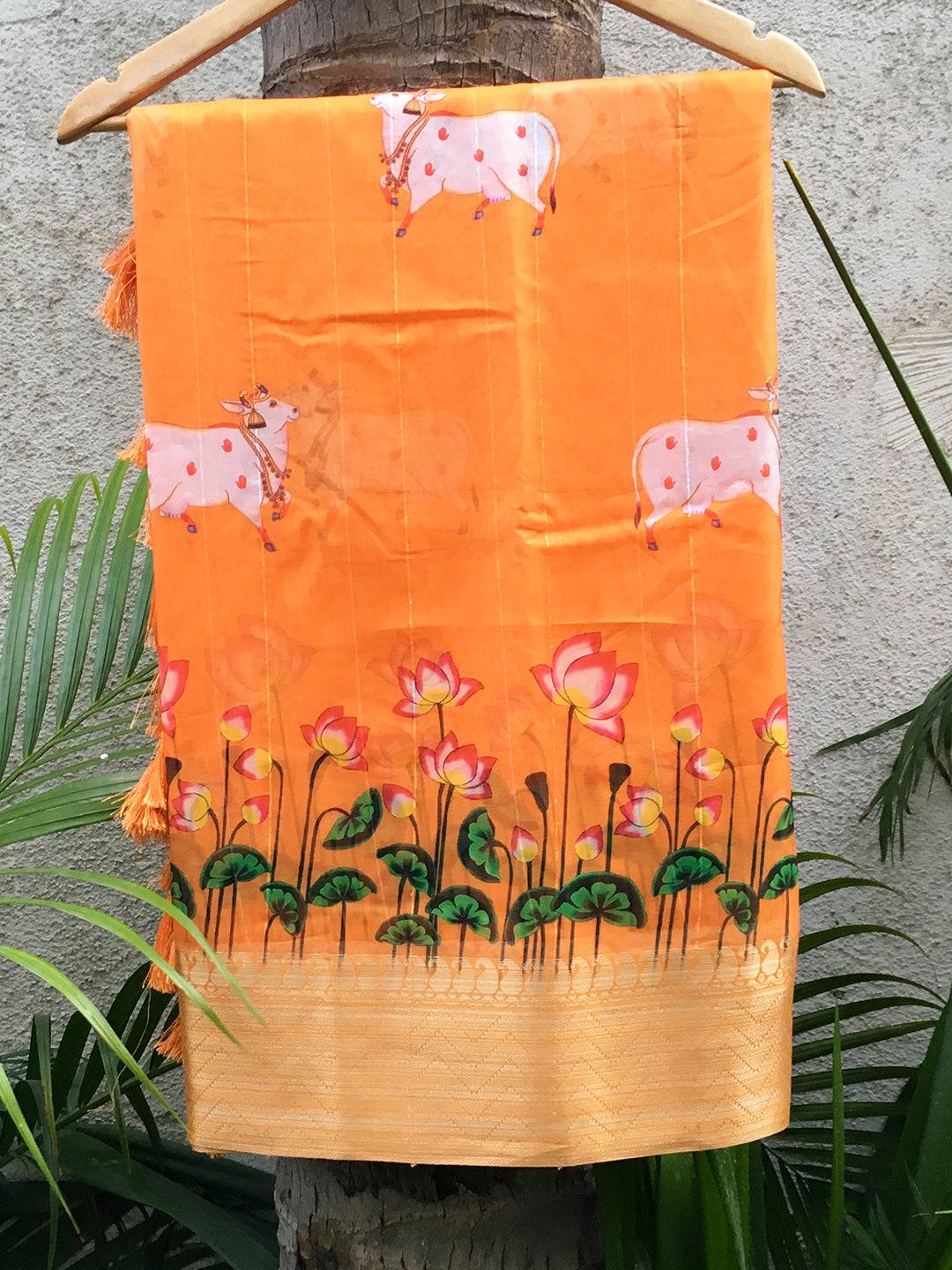 Orange Organza Pichwai Print Saree by My Store