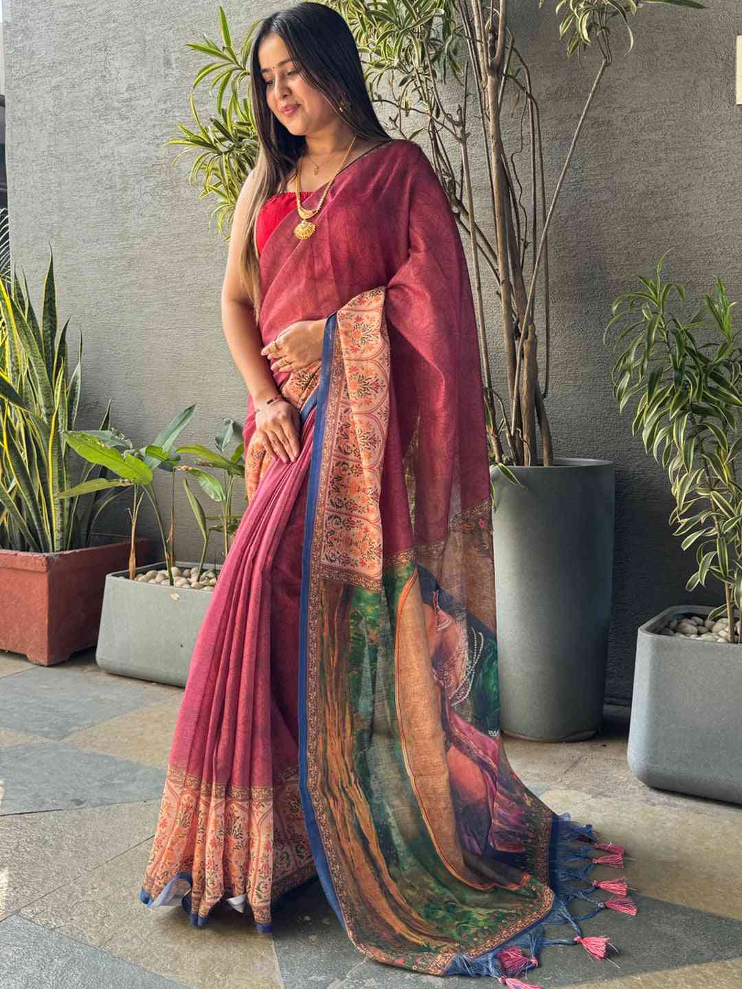 Burgundy Colour Ikkat Print Saree With kalamkari Block Print Design by My Store