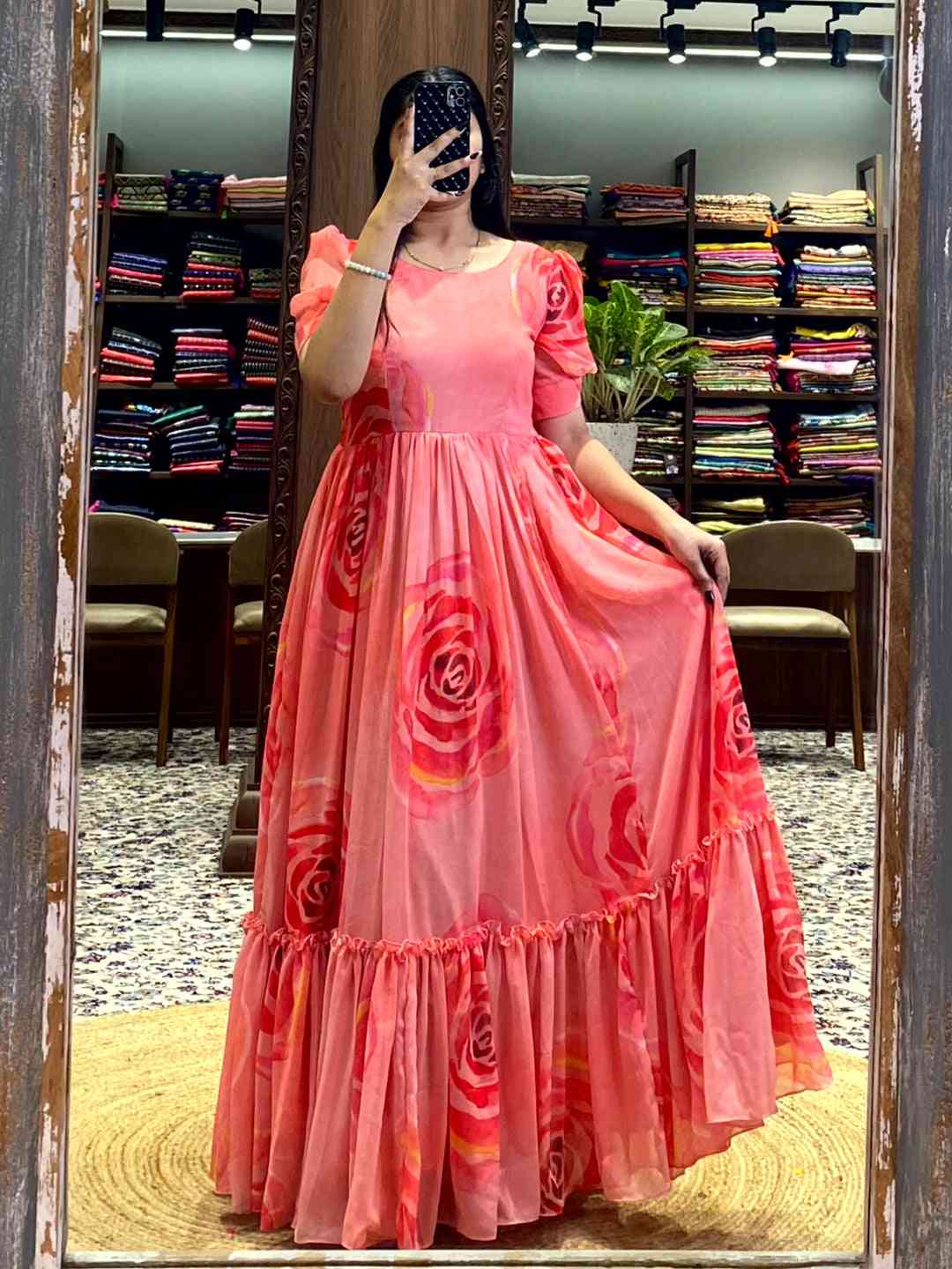 Coral Floral Georgette Dress by My Store