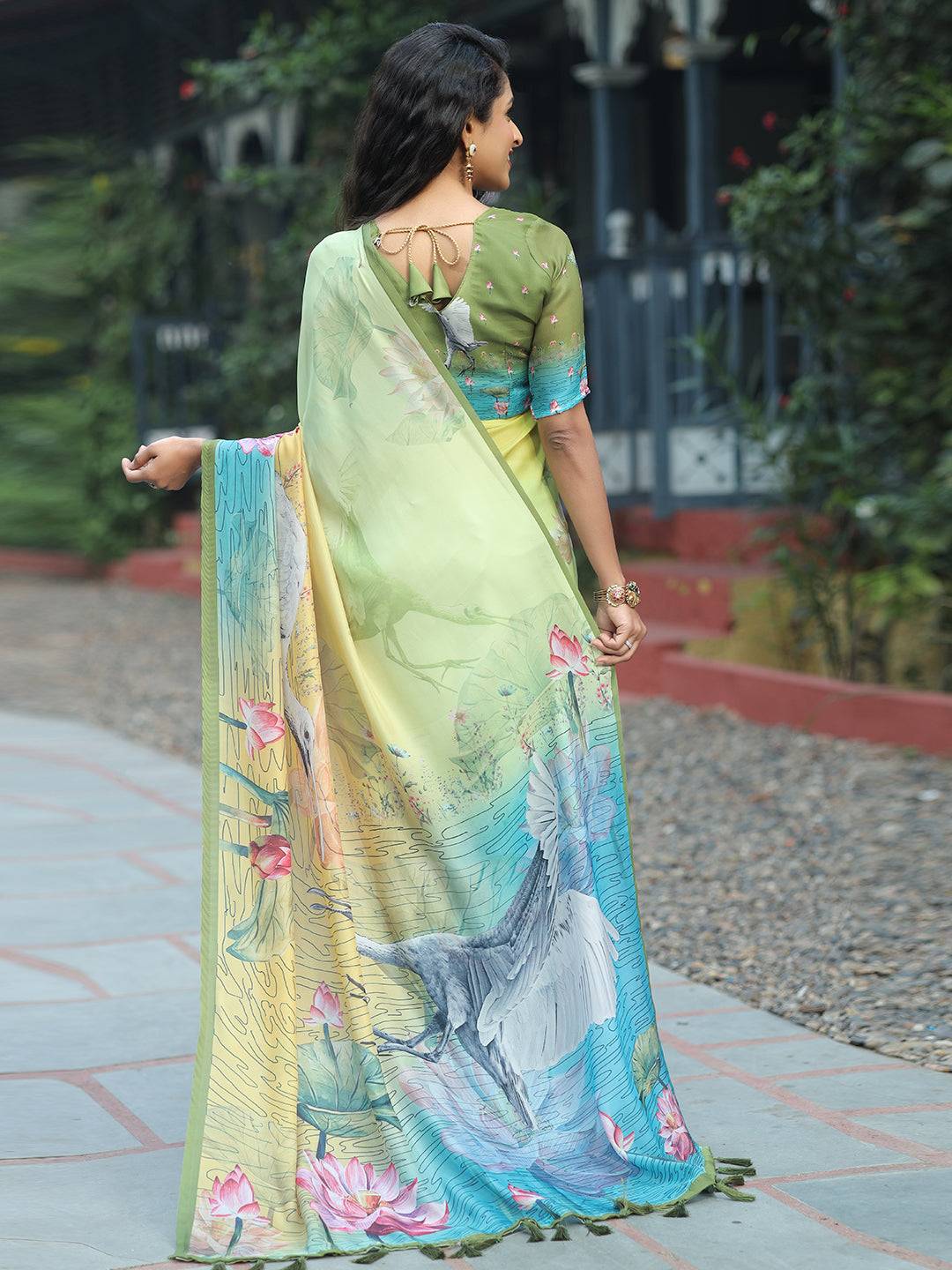 Satin Georgette Pista Colour Hand Print Saree - Luxe by My Store