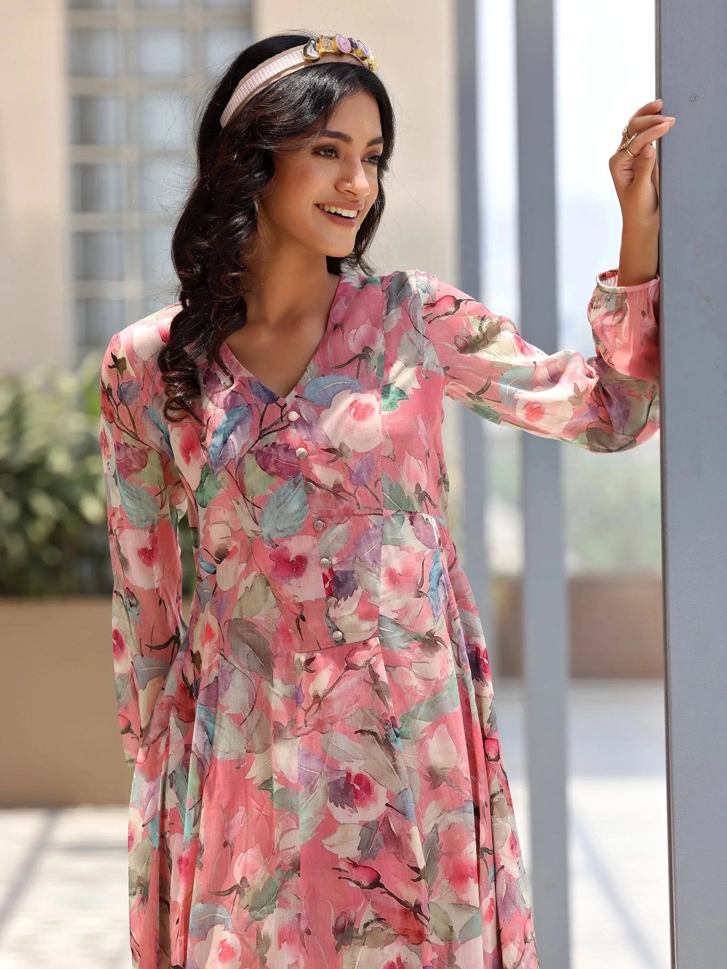 Pink Printed Chiffon A-Line Dress by My Store