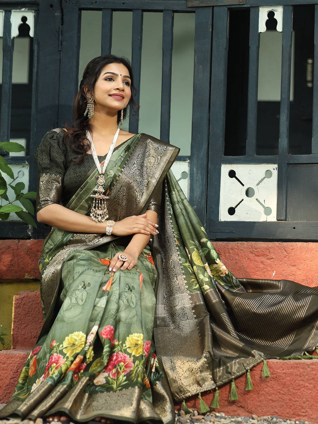 Dark Green Colour Pure Viscose Dola Silk Floral Print Saree - Luxe by My Store