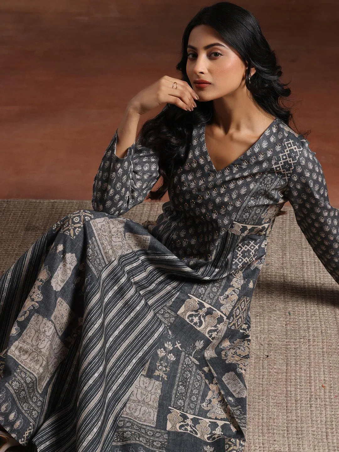 Grey Printed Cotton Blend A-Line Dress by My Store