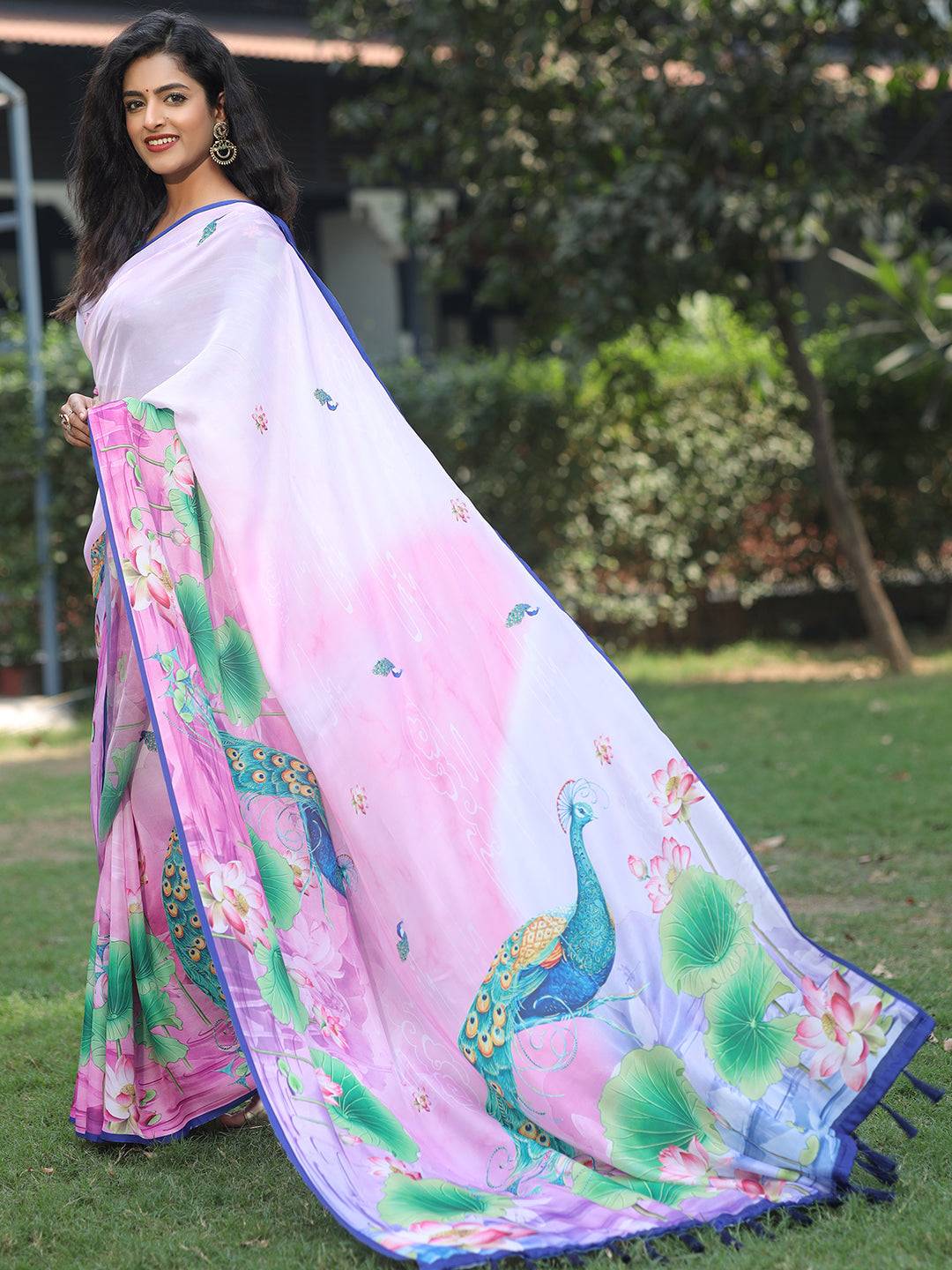 Satin Georgette Pink Colour Hand Print Saree - Luxe by My Store