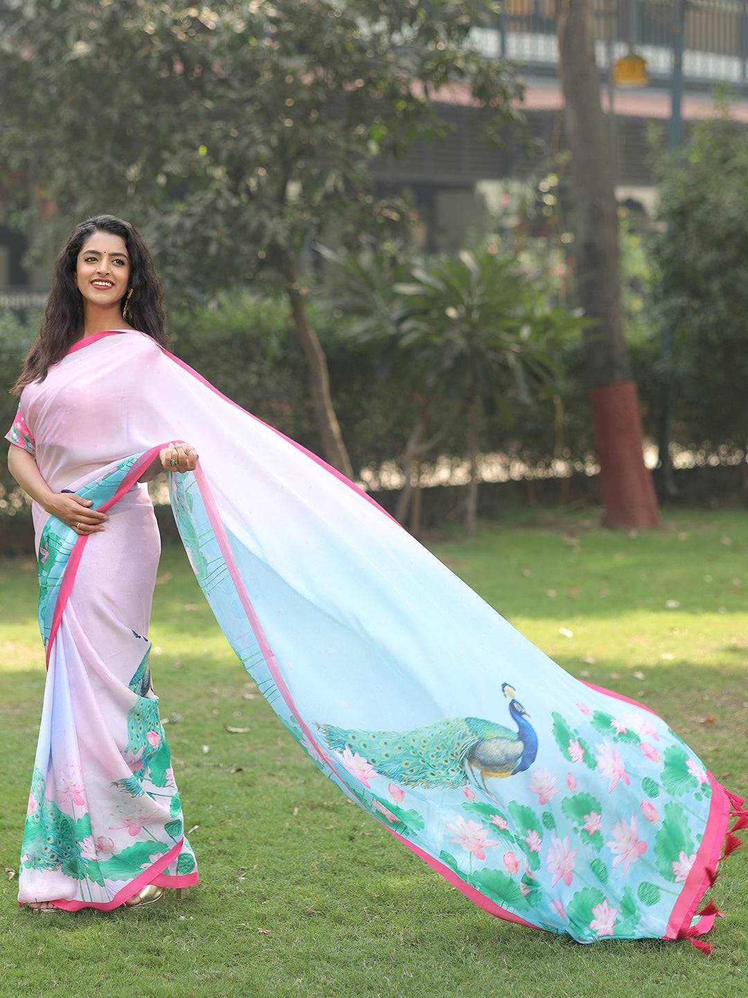 Satin Georgette Light Pink Colour Hand Print Saree - Luxe by My Store