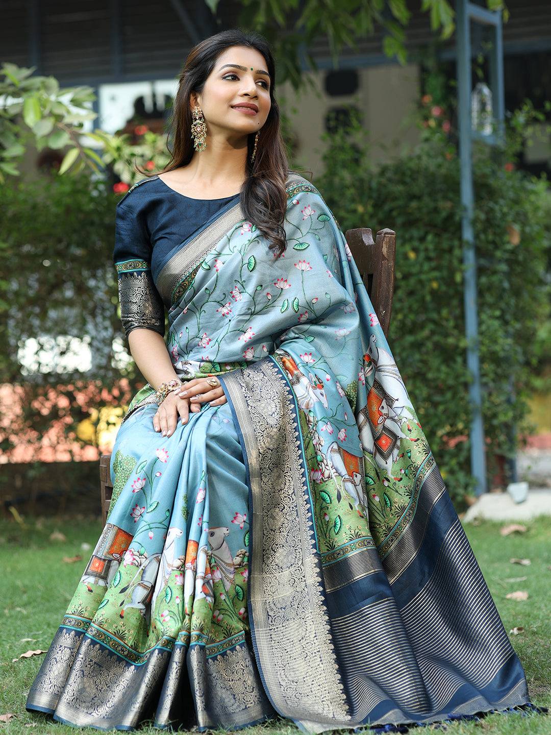 Pichwai Print Zari Weaving Pallu Saree In Sky Blue Colour - Luxe by My Store