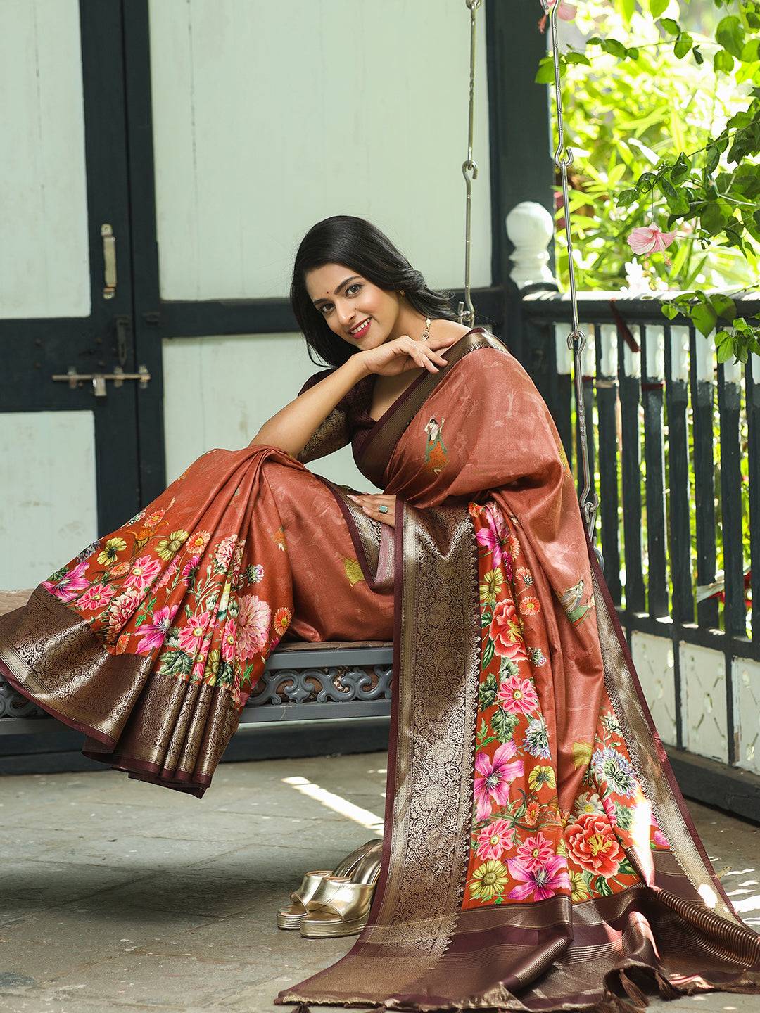 Brown Colour Pure Viscose Dola Silk Saree with Floral Print - Luxe by My Store