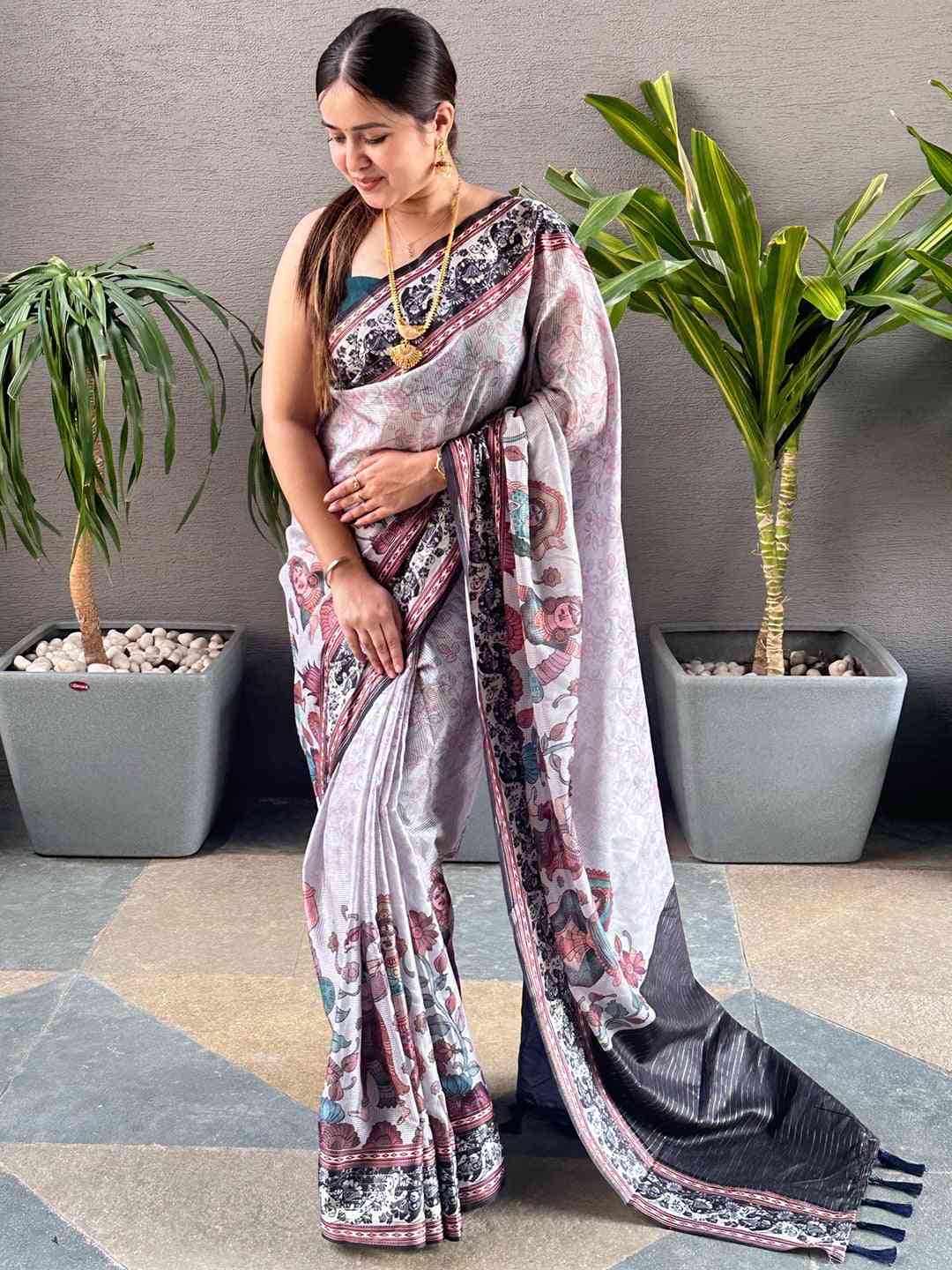 Grey Colour Satin Kota Doria Digital Kalamkari Zari Pallu by My Store