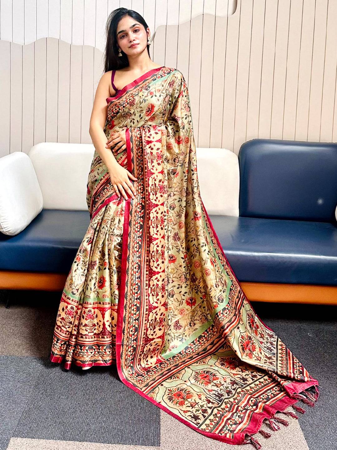 Pista Tussar Silk Flower Pashmina Print Saree by My Store