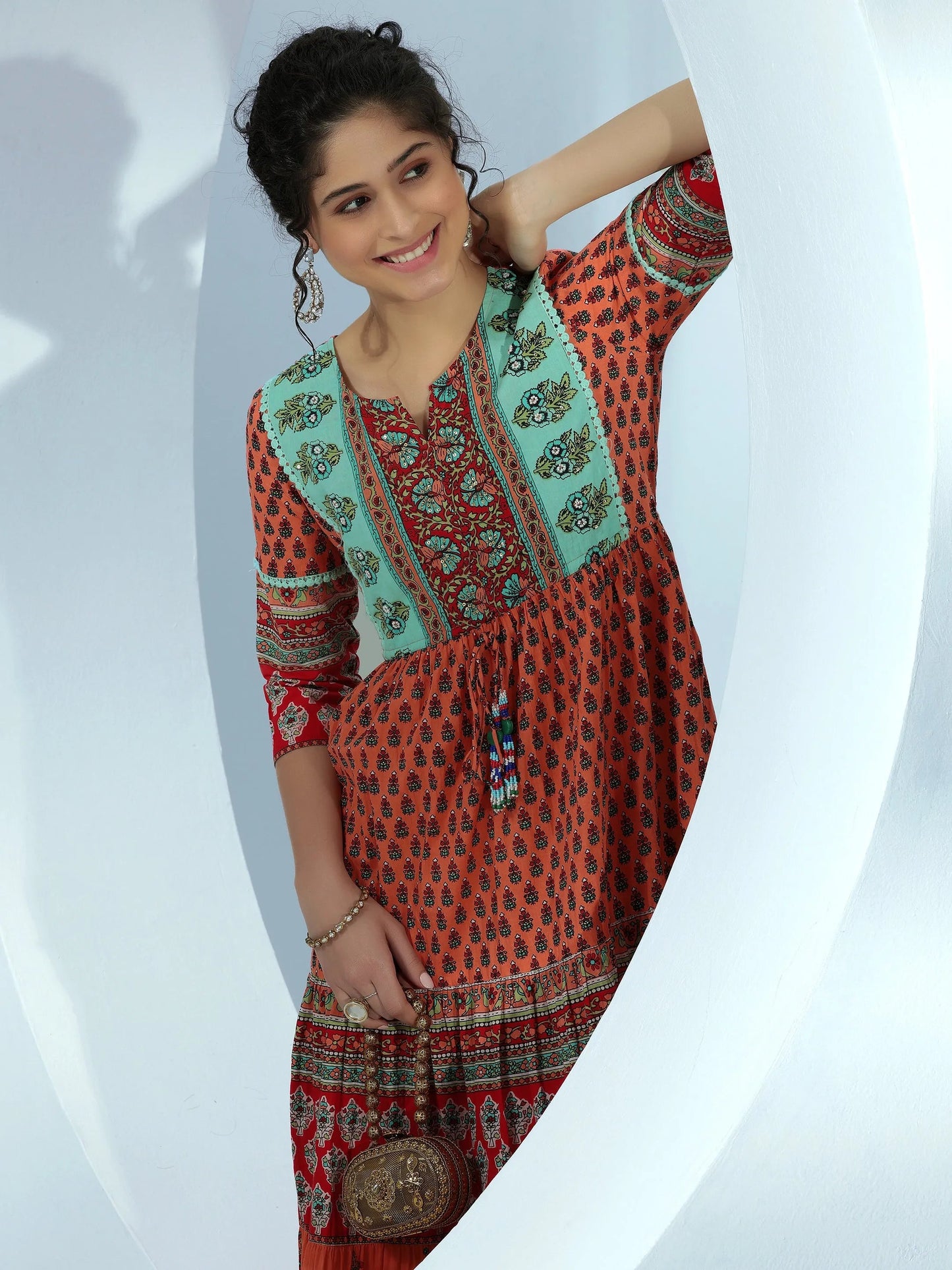 Orange Printed Fit and Flare Cotton Dress by My Store