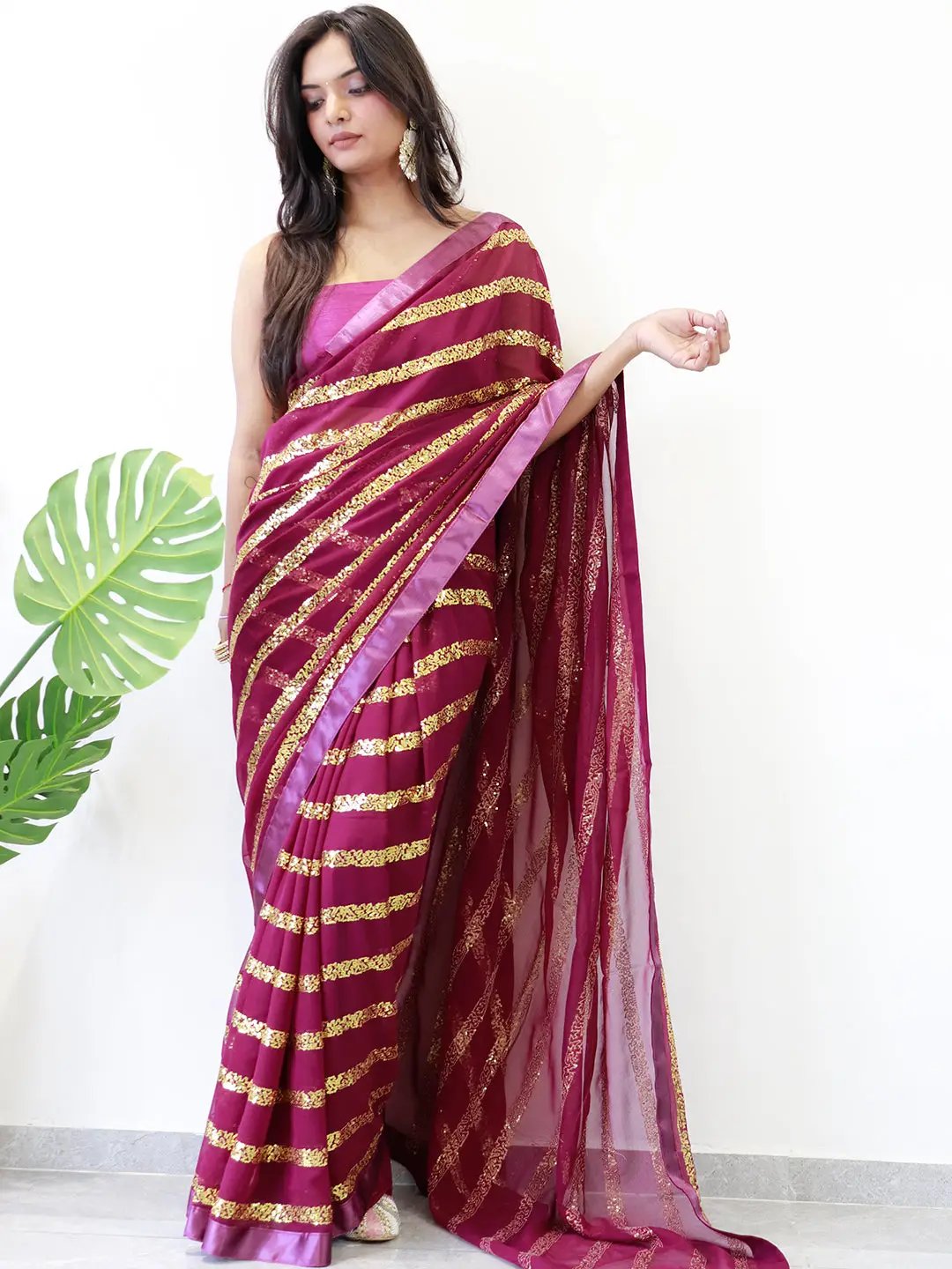 Modern Elegance Georgette Saree with Striped Sequins Work and Solid Border