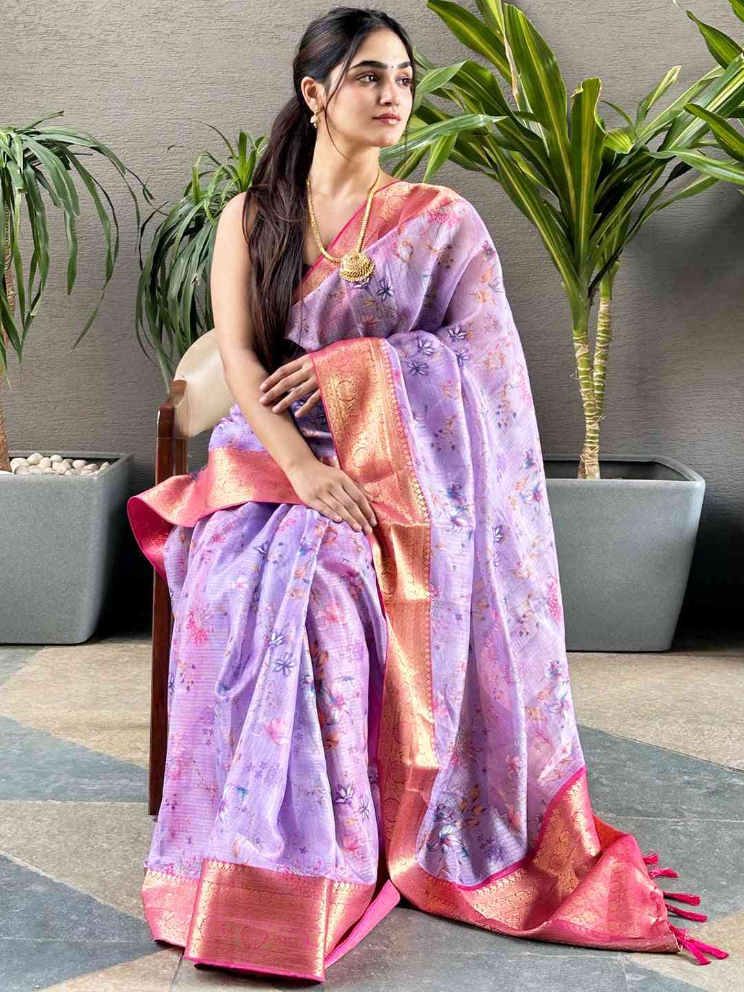 Design Purple Colour Digital Flower Print Kota Silk Saree by My Store