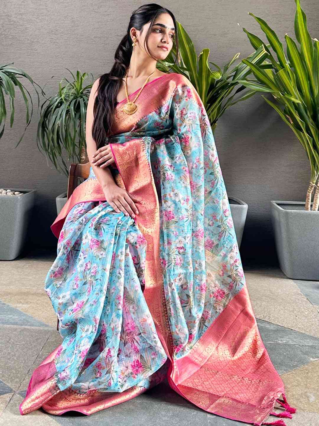Trendy Turquoise Colour Digital Flower Print Kota Silk Saree