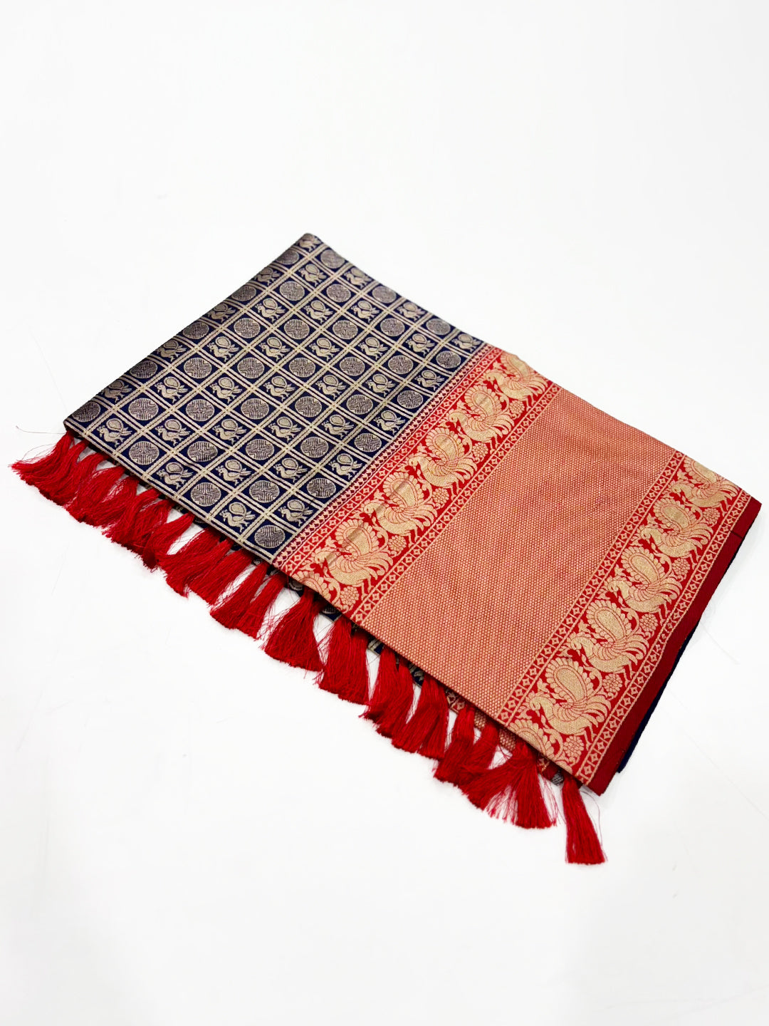 Navy Blue Silver Zari Butta Kanjivaram Silk Saree by My Store