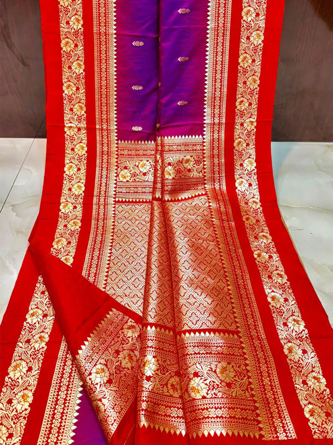 Gold Zari Woven Purple Soft Silk Saree by My Store