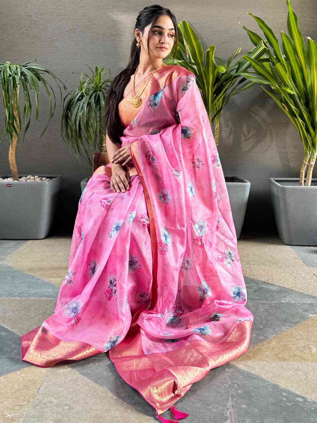 Latest Pink Colour Digital Flower Print Kota Silk Saree by My Store