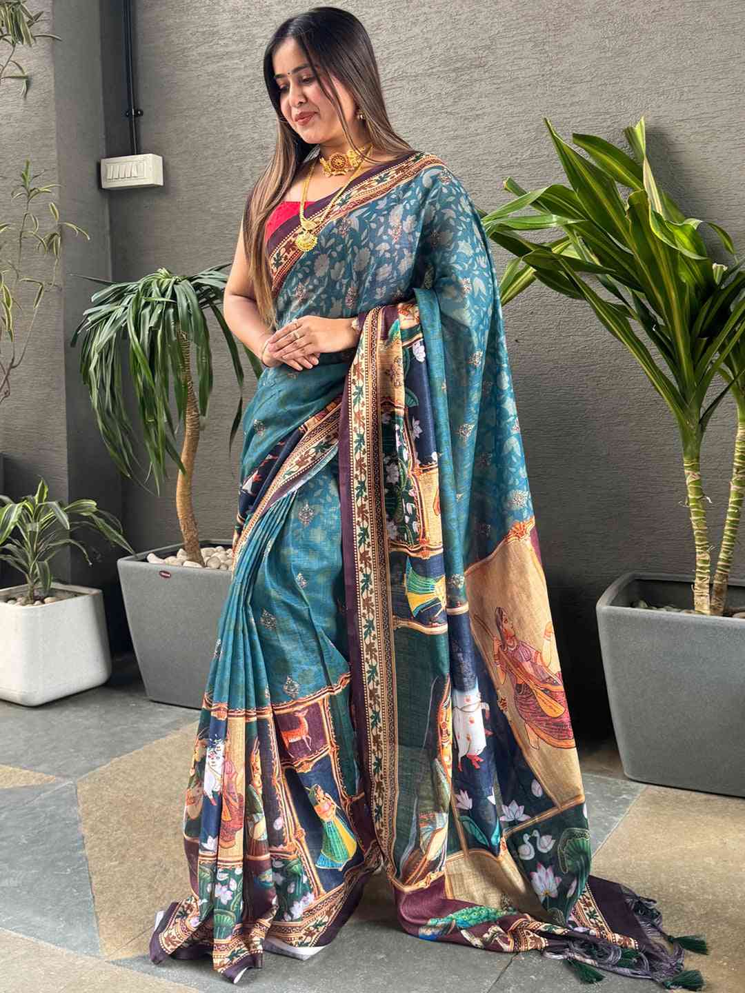 Firozi colour Linen Saree With Digital Print And Majestic Border by My Store