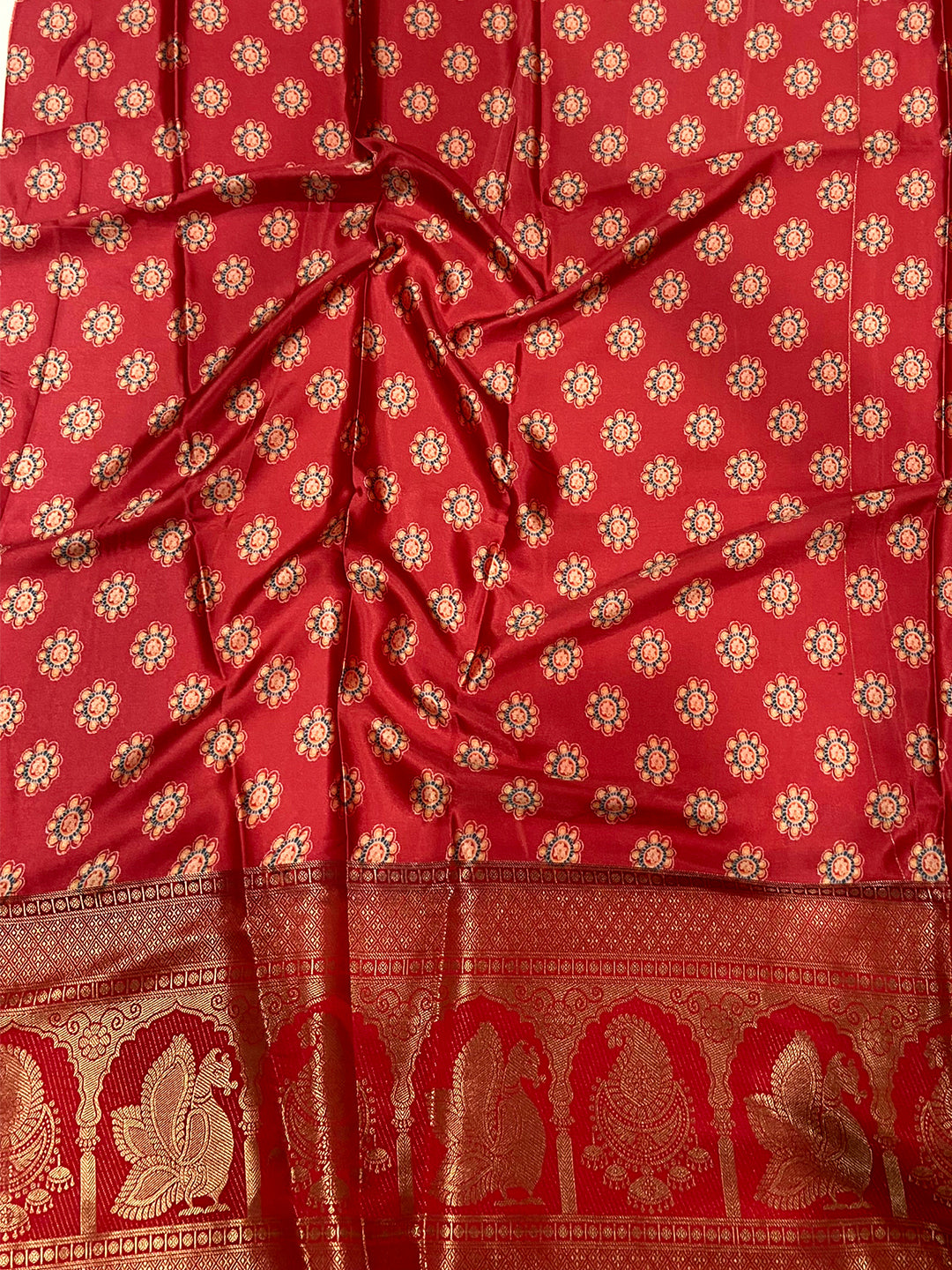 Royal Soft Cherry Satin Kalamkari Print Saree by My Store