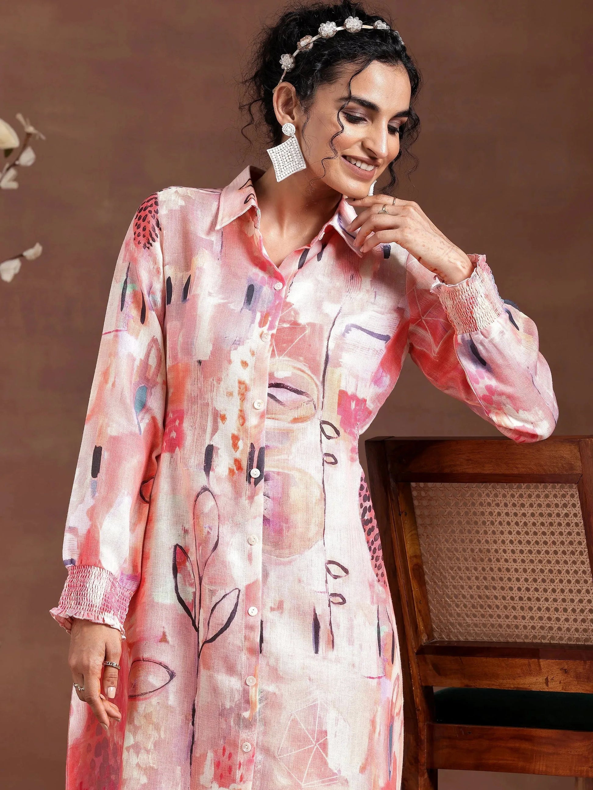 Peach Printed Cotton Blend A-Line Dress by My Store