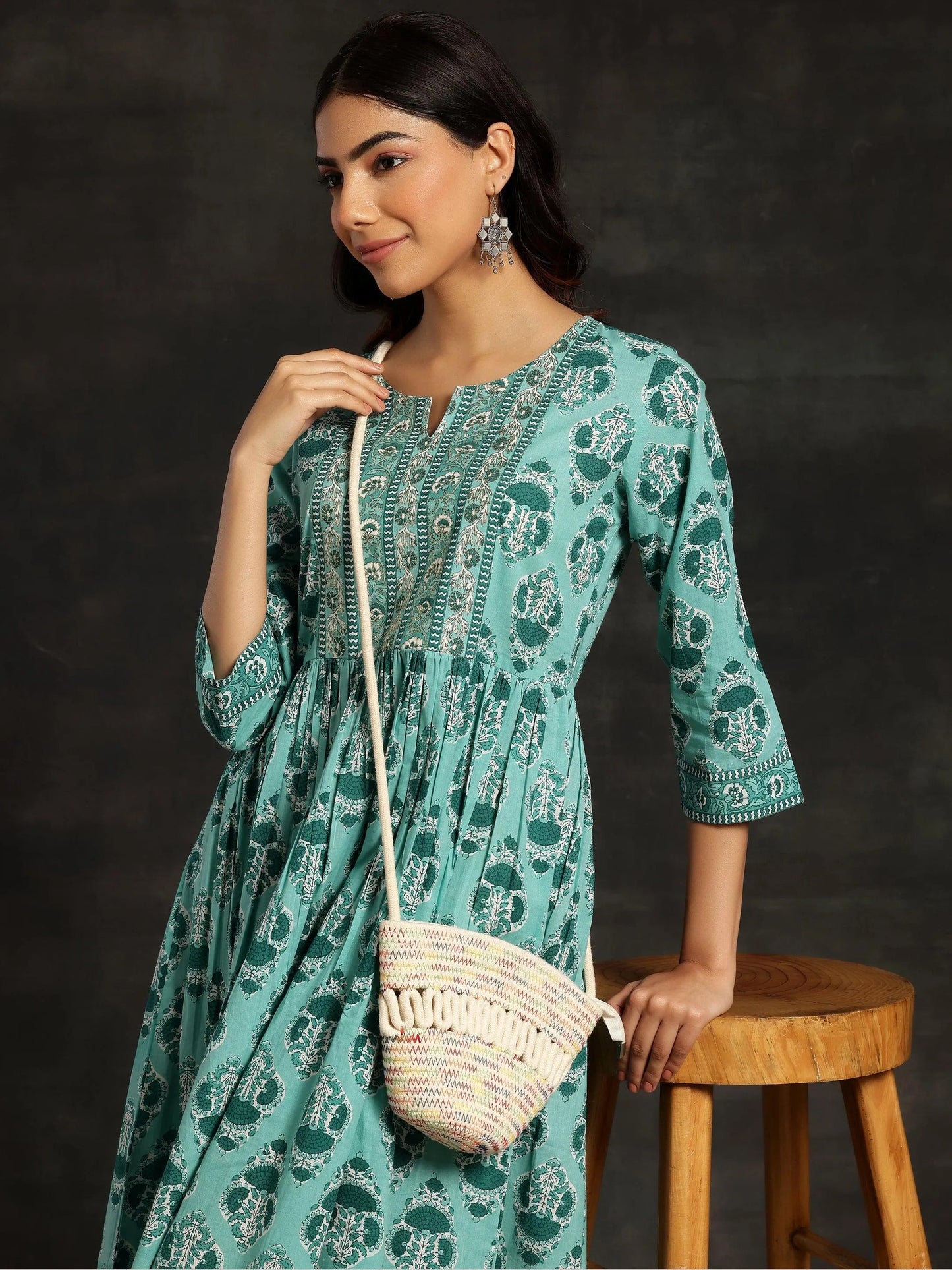 Sea Green Printed Cotton Fit and Flare Dress by My Store