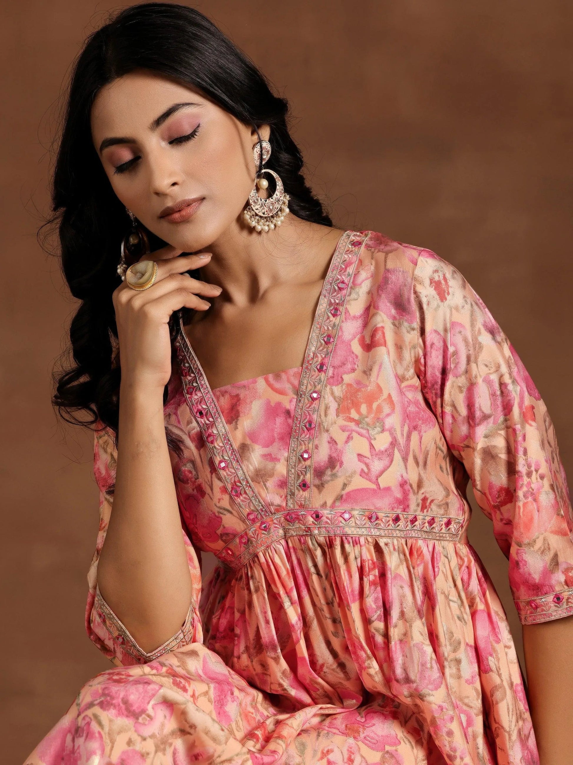 Orange Printed Silk Fit and Flare Dress by My Store