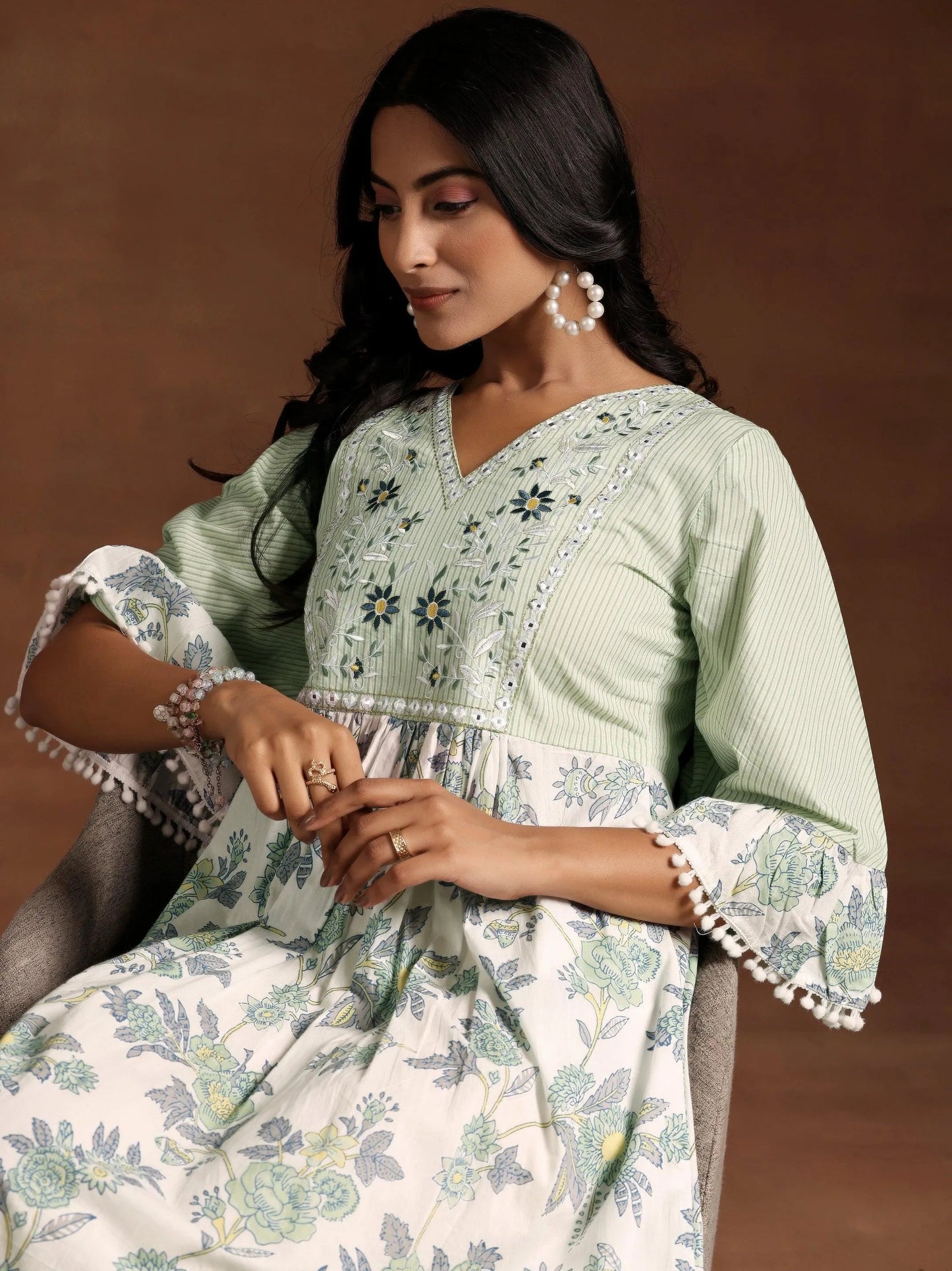 Green Printed Cotton A-Line Dress by My Store