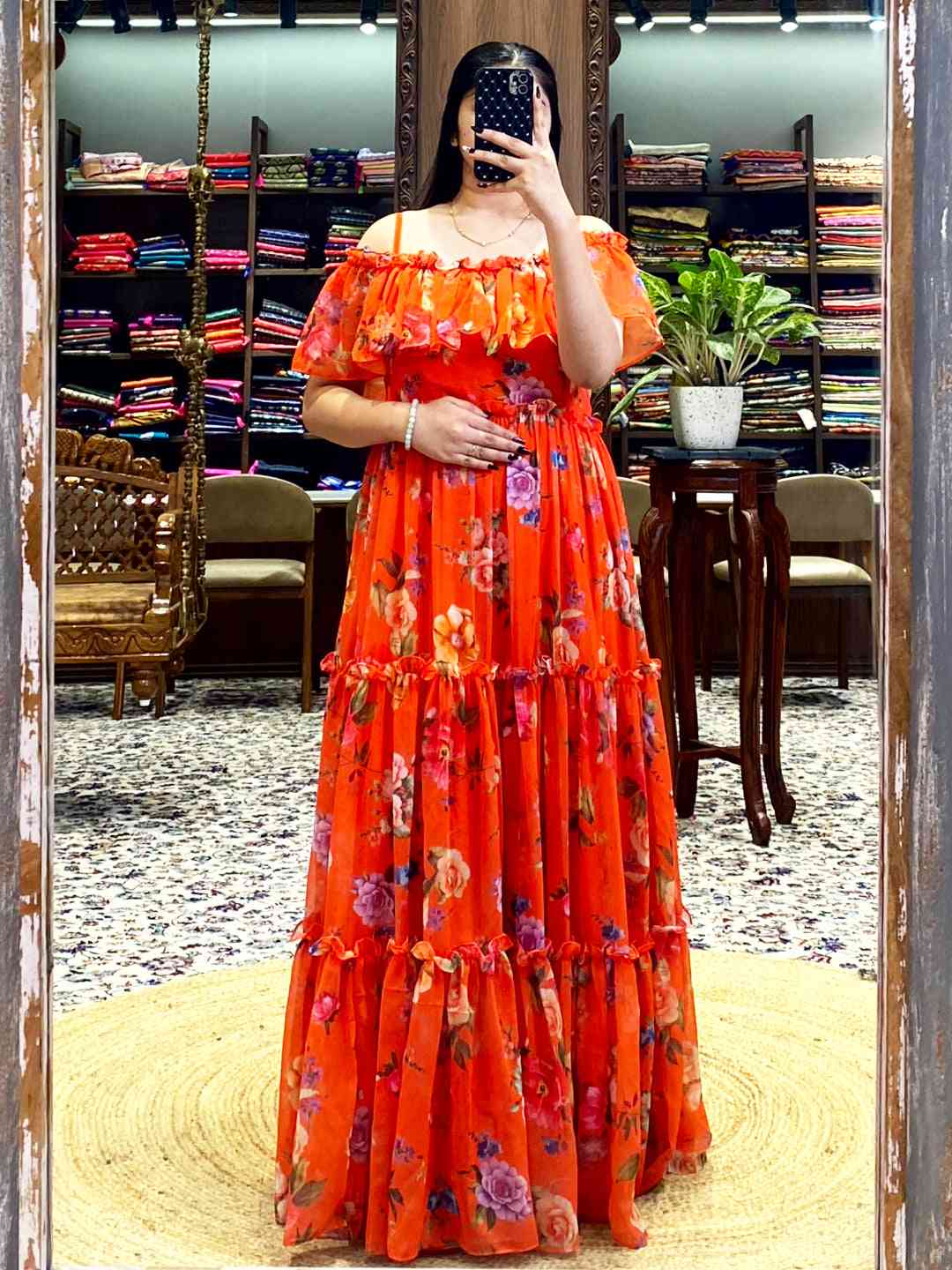 Sunny Orange Georgette Floral Dress by My Store