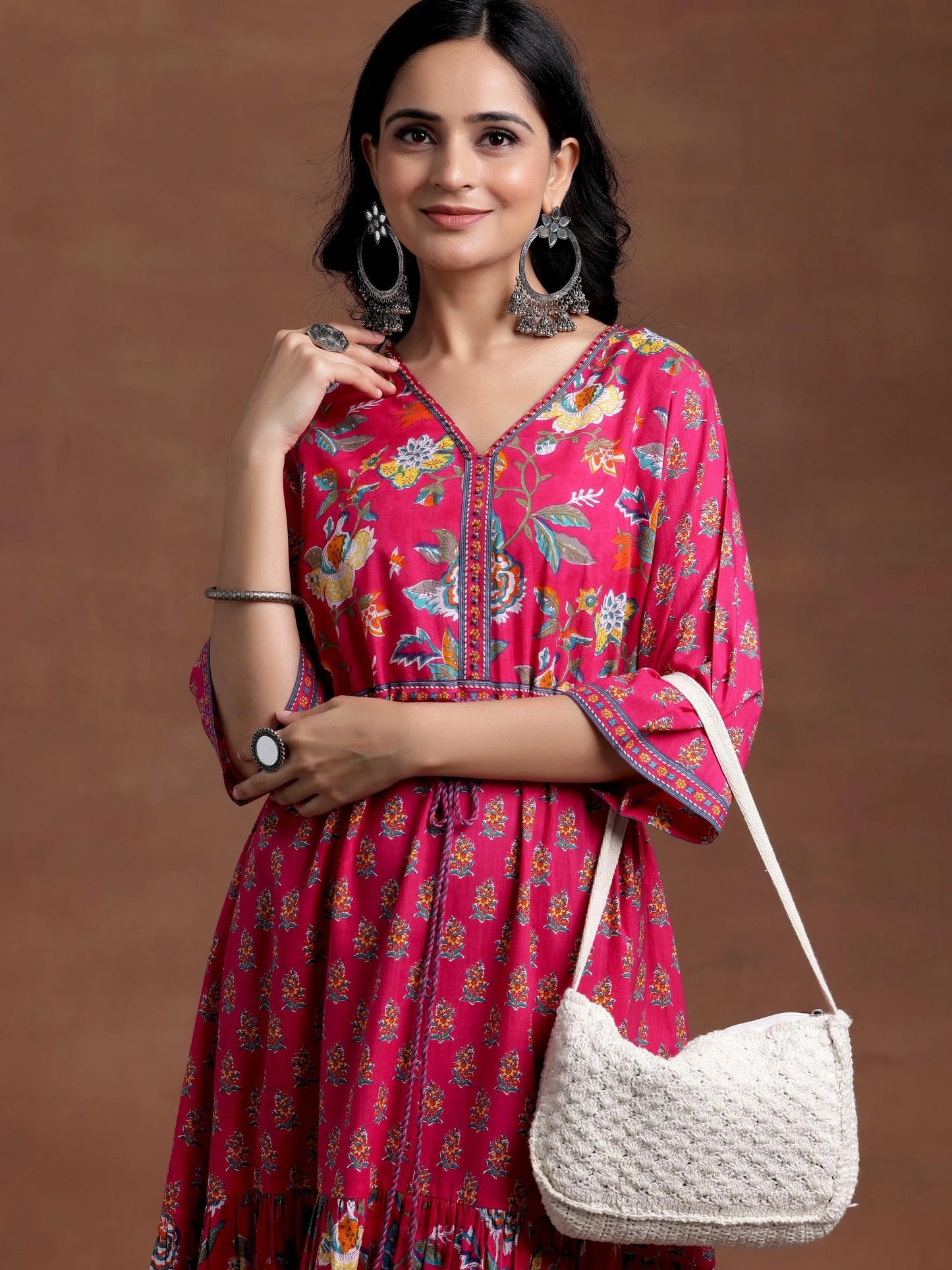 Pink Printed Cotton Fit and Flare Dress by My Store