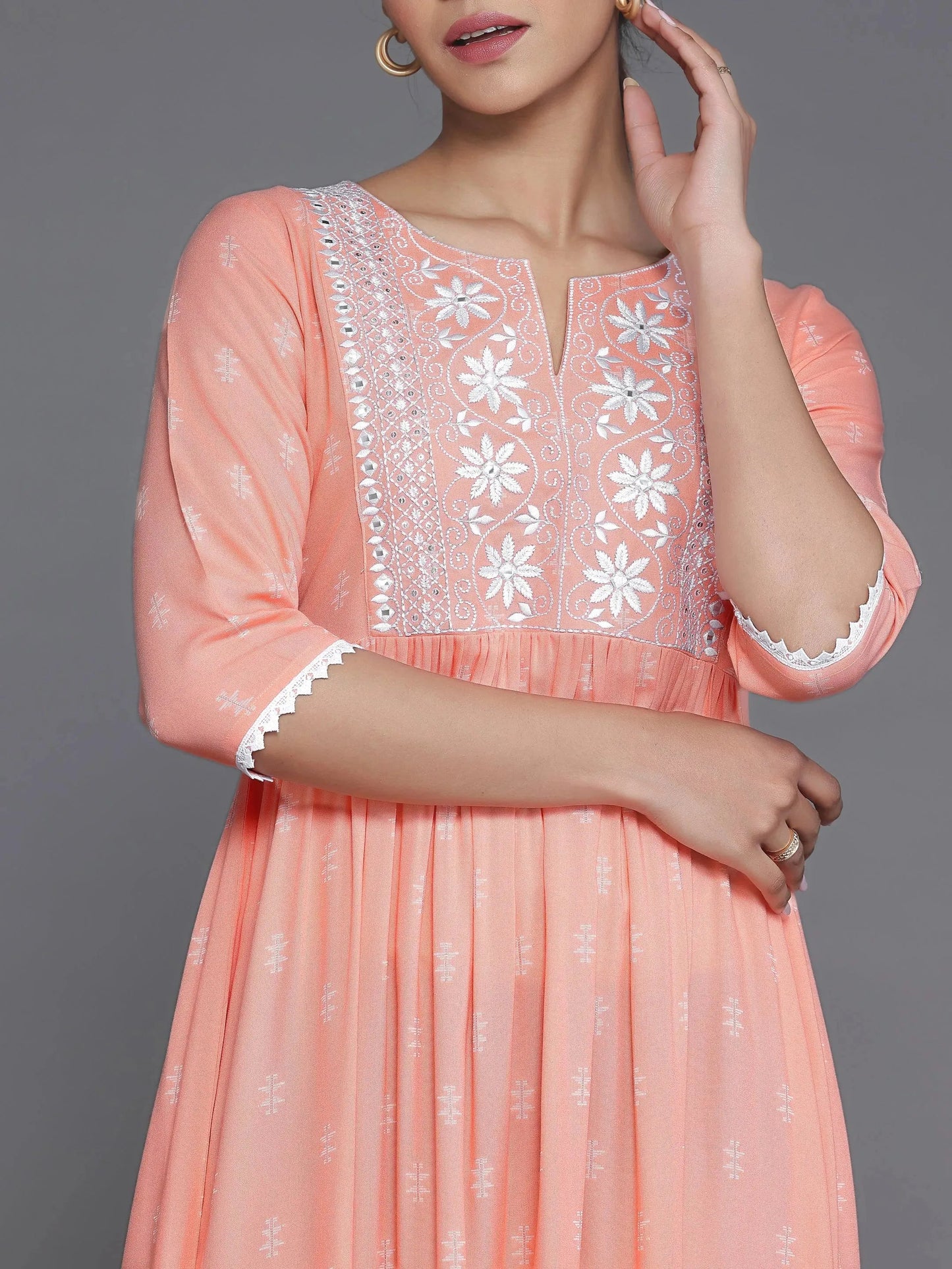 Peach Self Design Viscose Rayon A-Line Dress by My Store