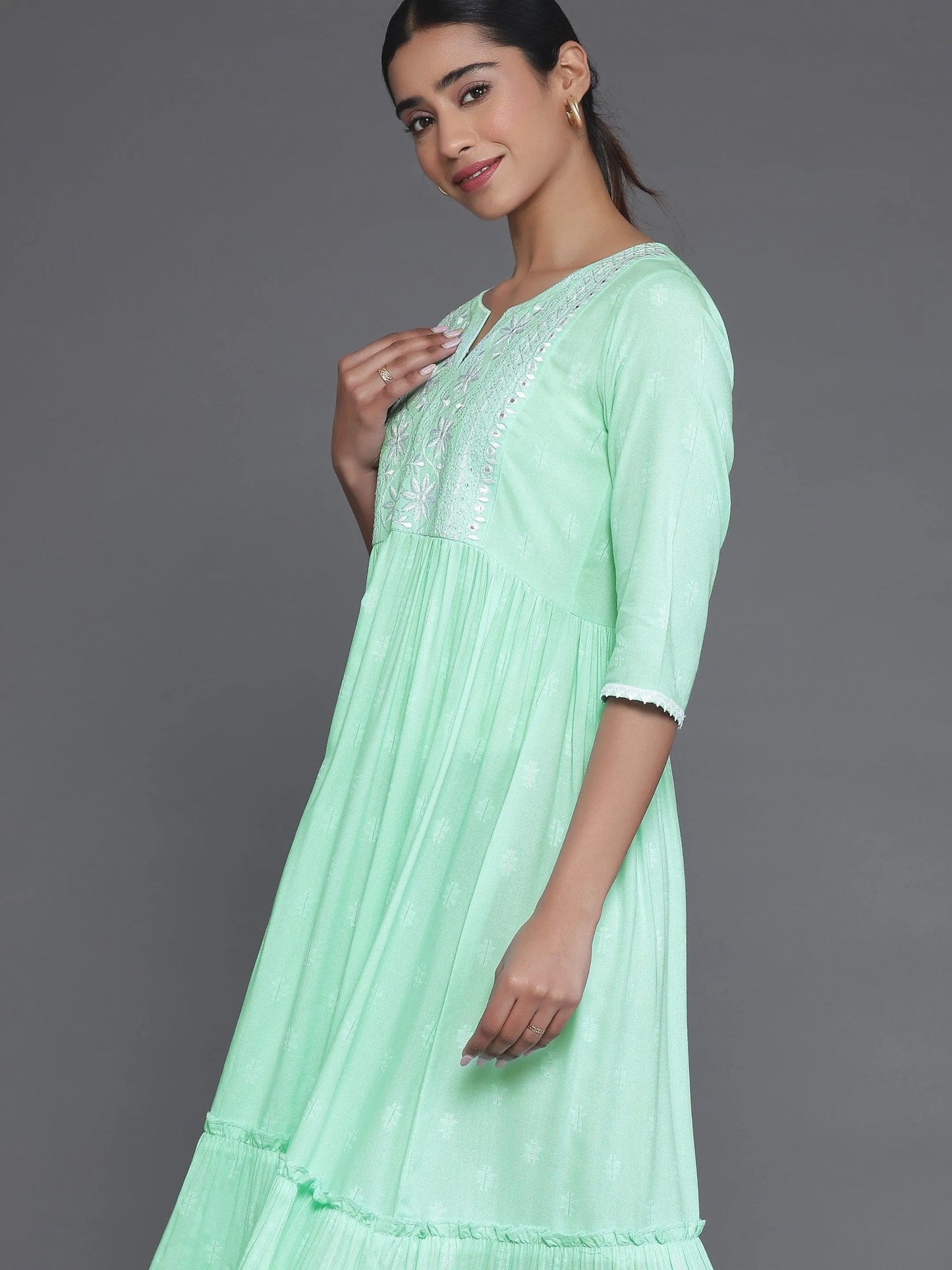 Light Blue Self Design Viscose Rayon A-Line Dress