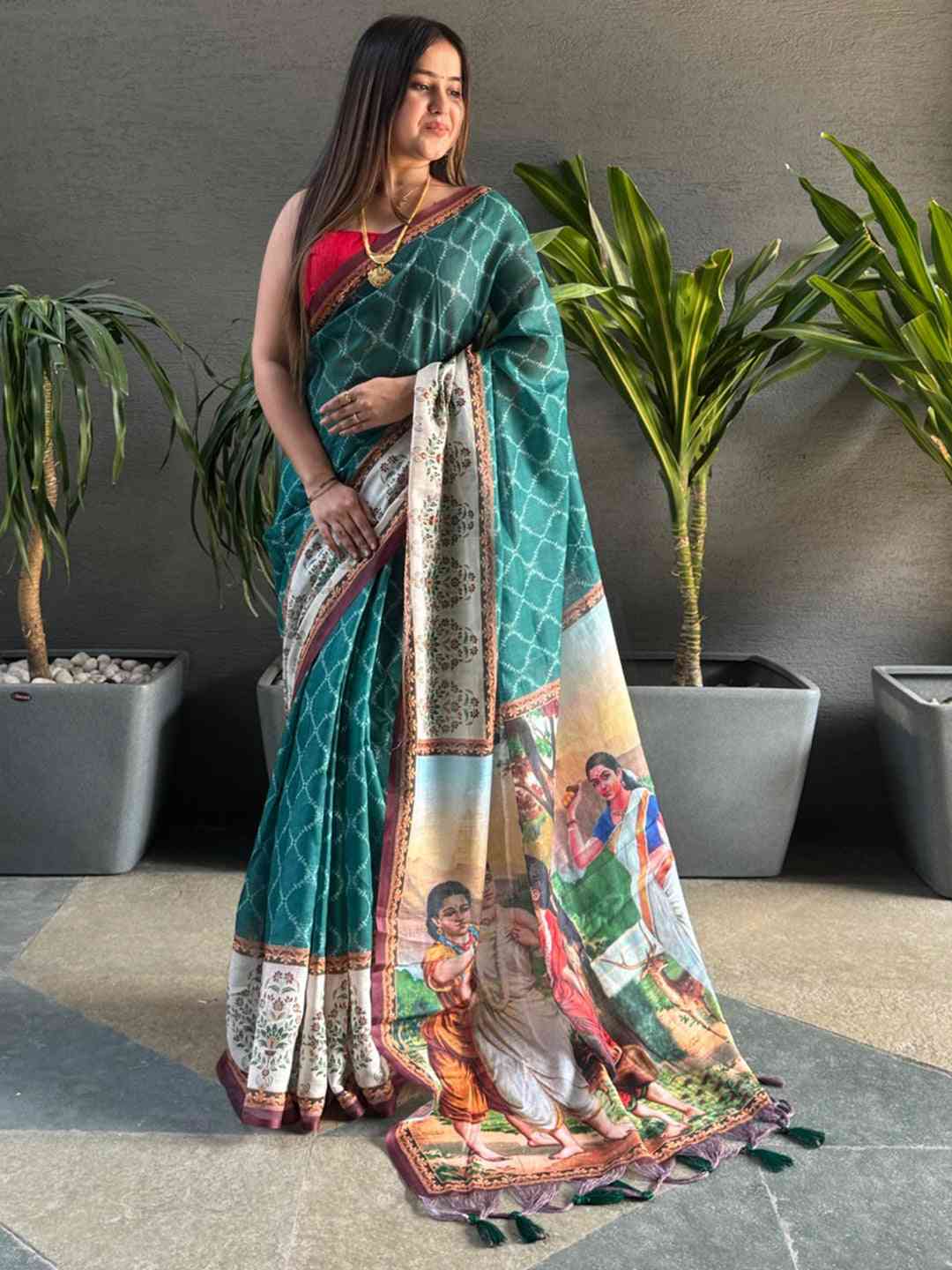 Teal Colour Ikkat Print Saree With kalamkari Block Print Design by My Store