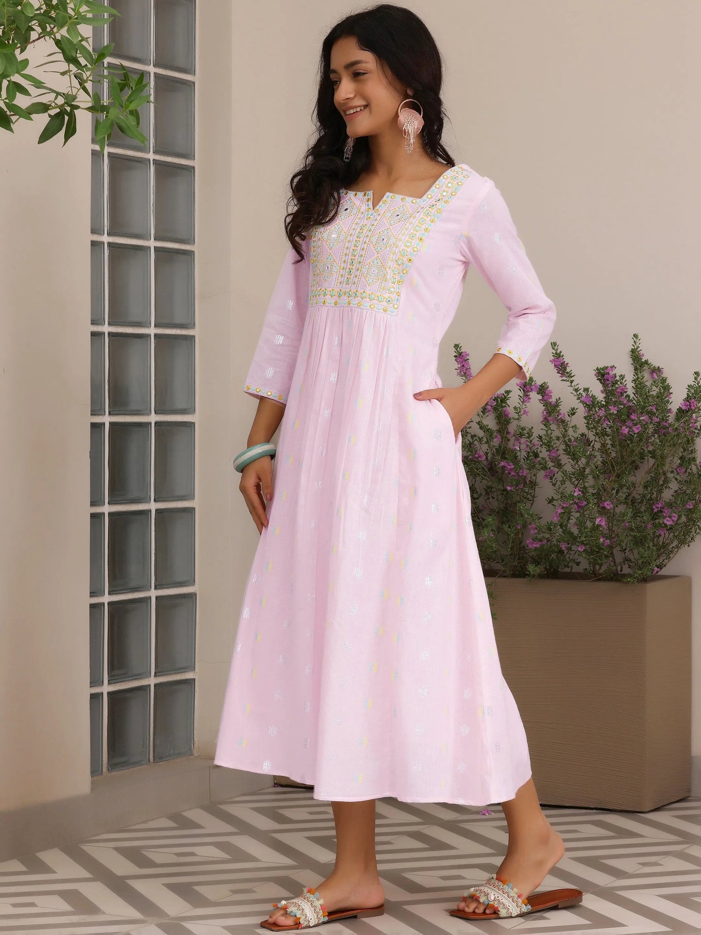 Pink Self Design Cotton A-Line Dress by My Store