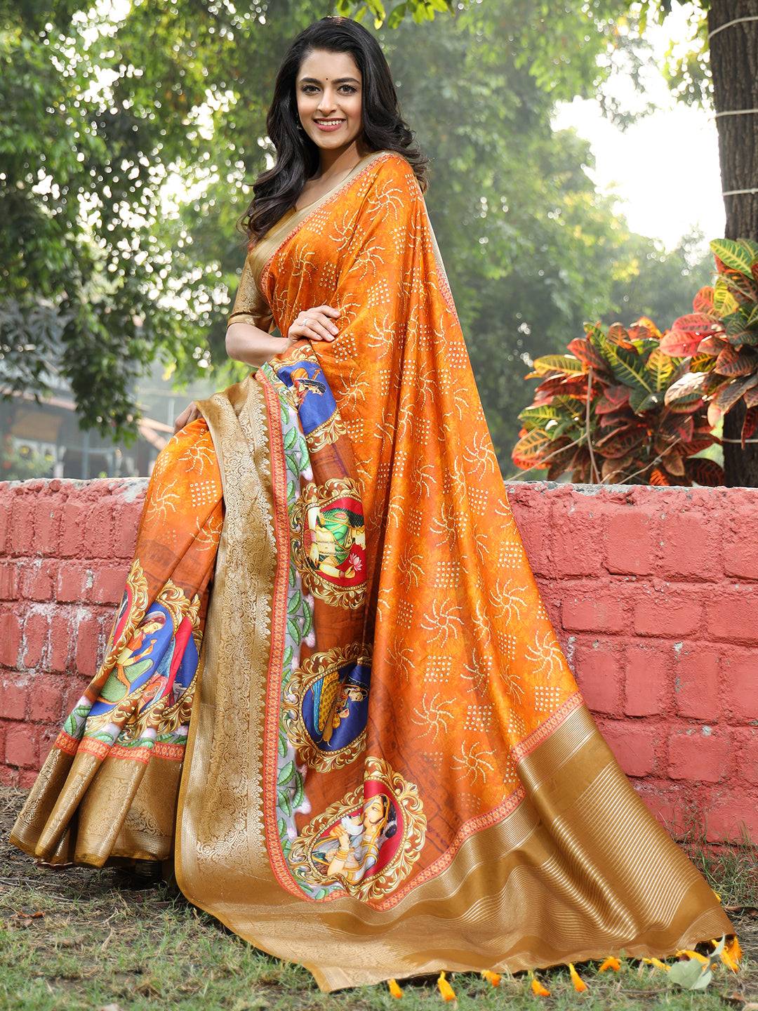 Orange Pure Viscose Dola Silk Saree with Mughal Print Border - Luxe by My Store