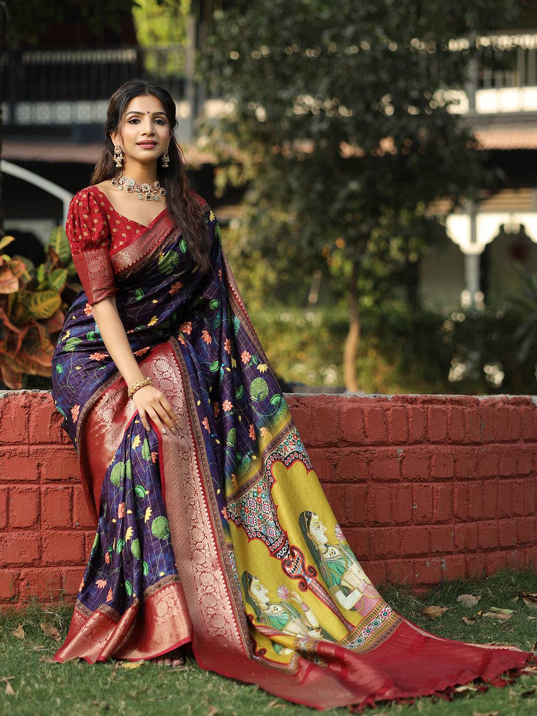 Navy Colour Pure Viscose Dola Silk Saree With Mughal Motifs - Luxe