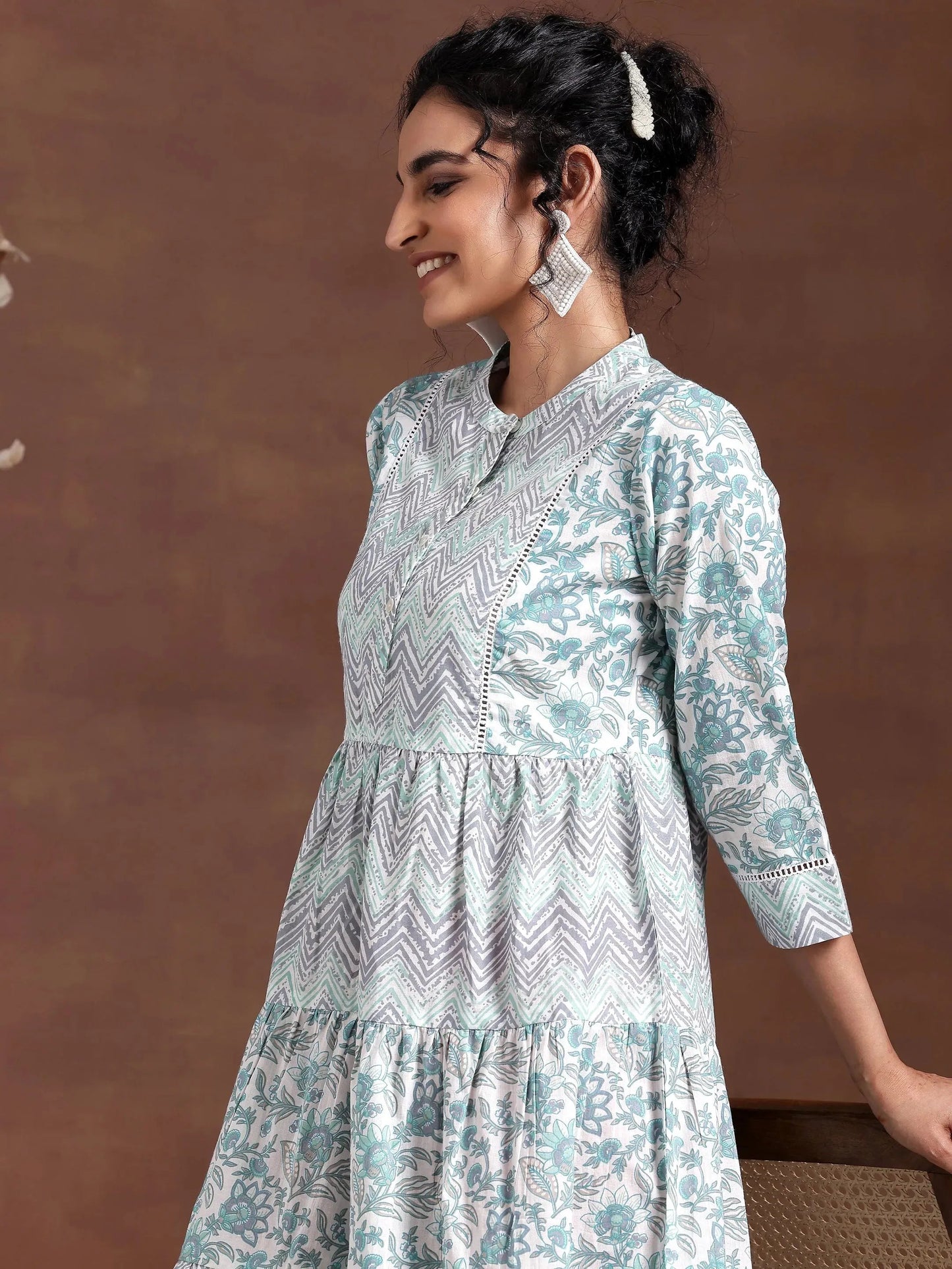 Off White Printed Cotton A-Line Dress by My Store