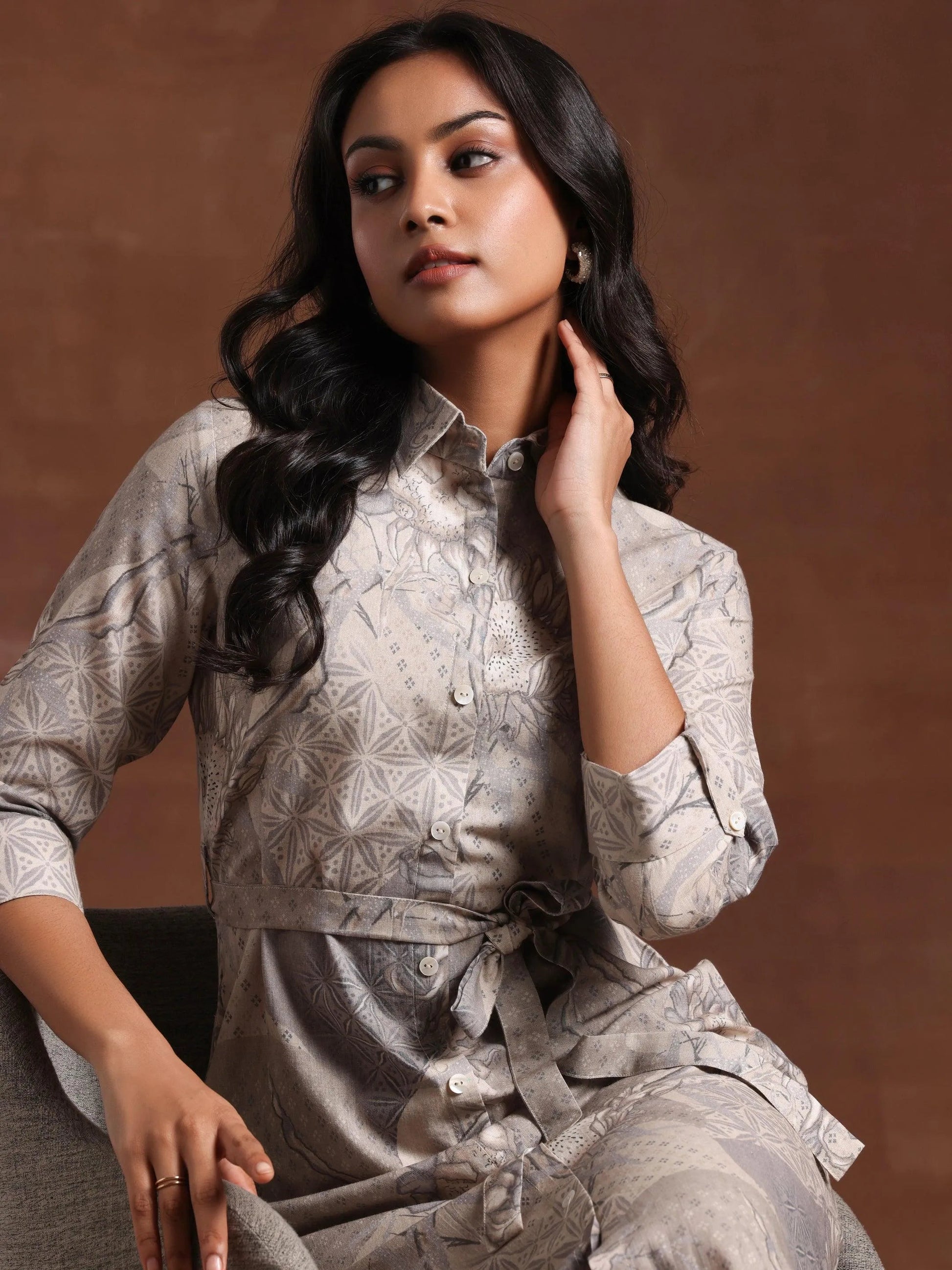 Off White Printed Cotton Blend Shirt Dress by My Store