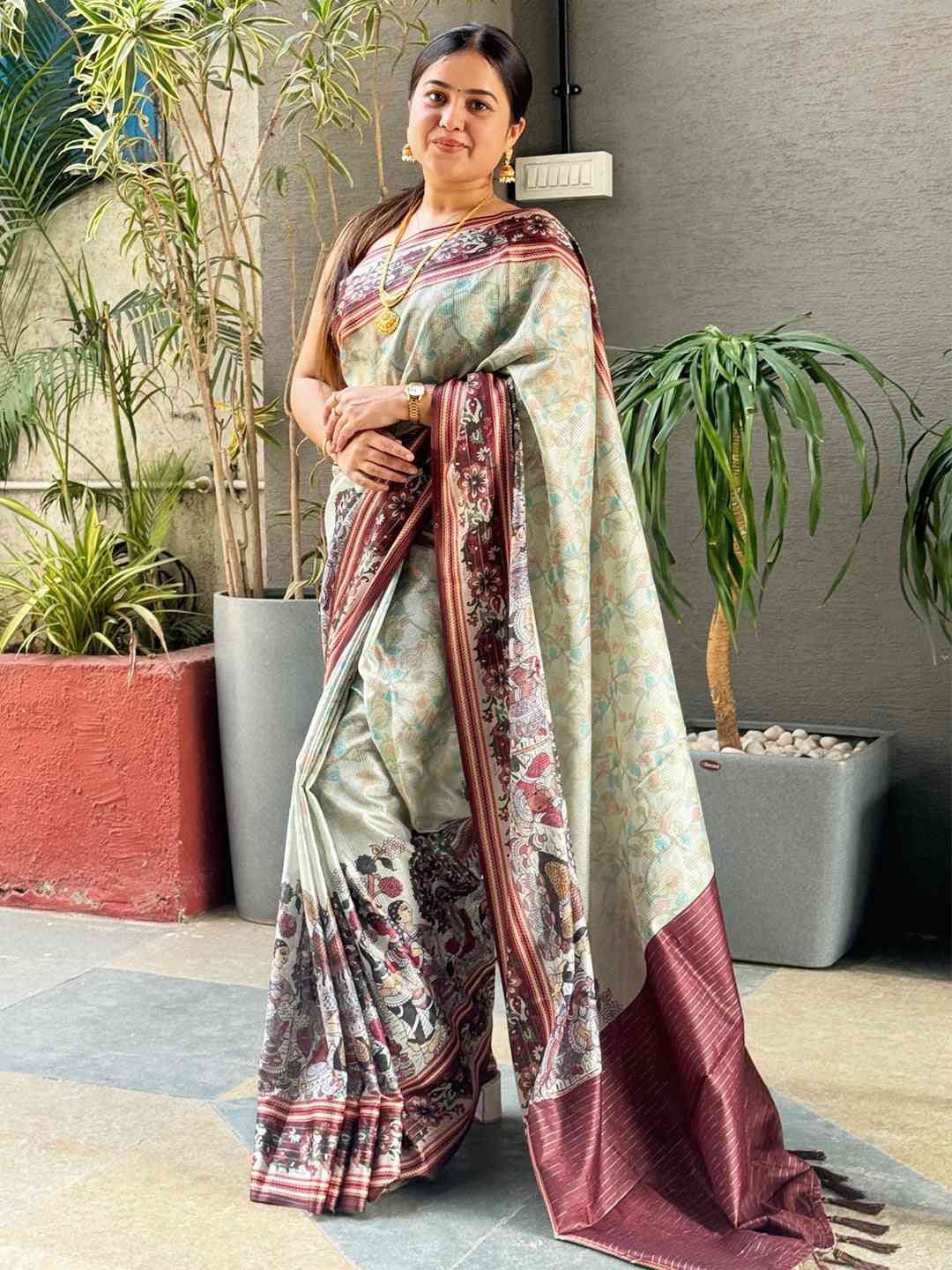 Pista Colour Satin Kota Doria Digital Kalamkari Zari Pallu by My Store