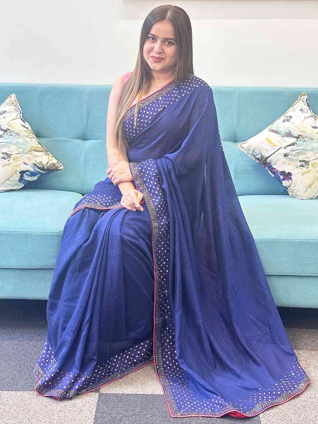 Navy colour Vichitra Silk Saree With Embellish Swarovski Stone work by My Store