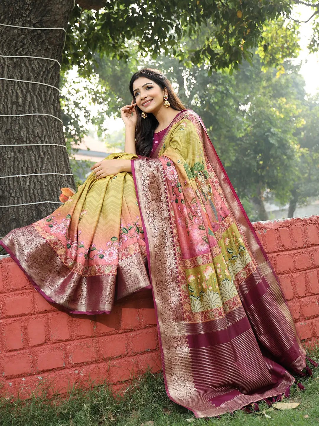 Light Green Colour Pure Viscose Dola Silk Saree with Pichwai Kalamkari Print - Luxe