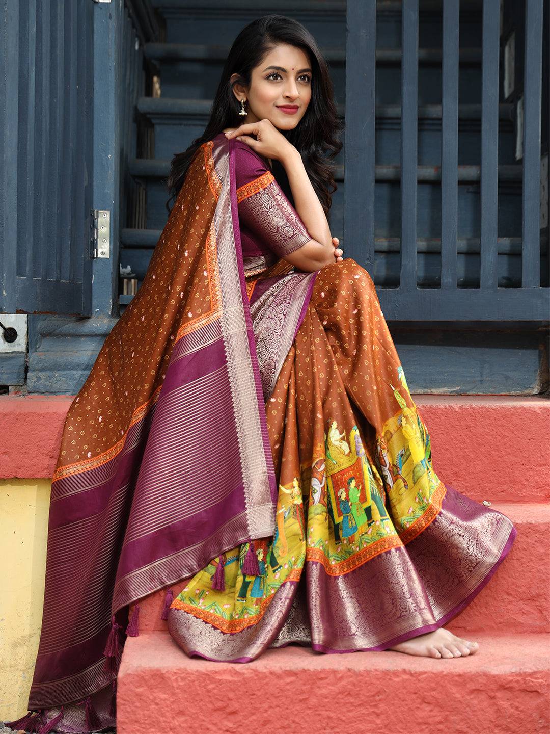 Brown Pure Viscose Dola Silk Saree with Exquisite Bhandhej Print - Luxe by My Store