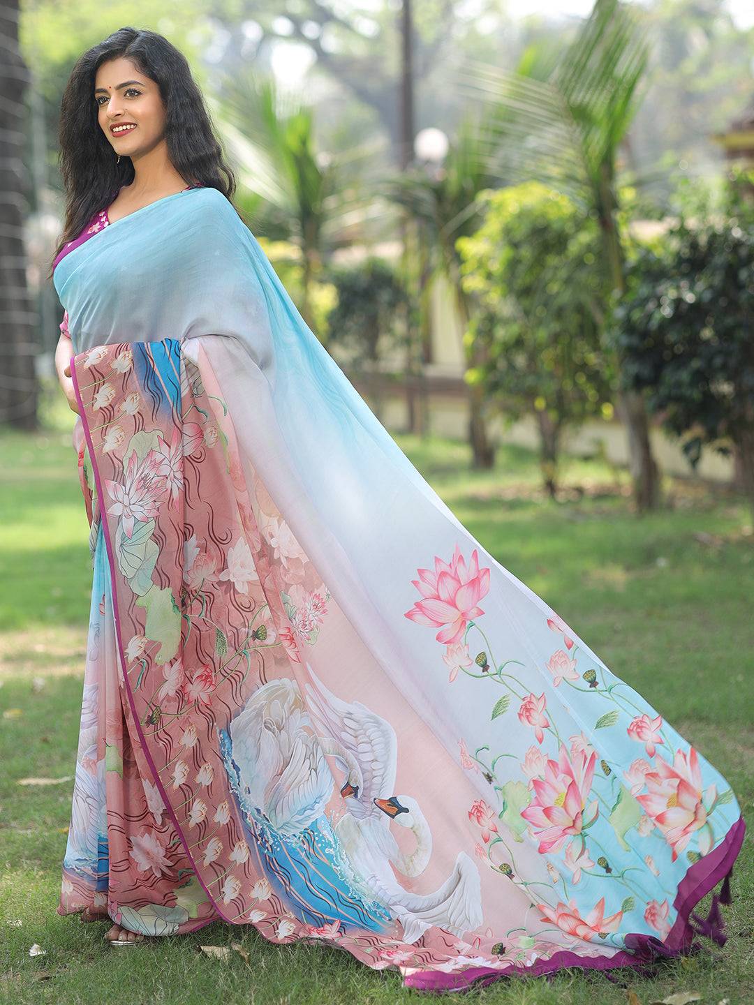 Satin Georgette Sky Blue Colour Hand Print Saree - Luxe by My Store