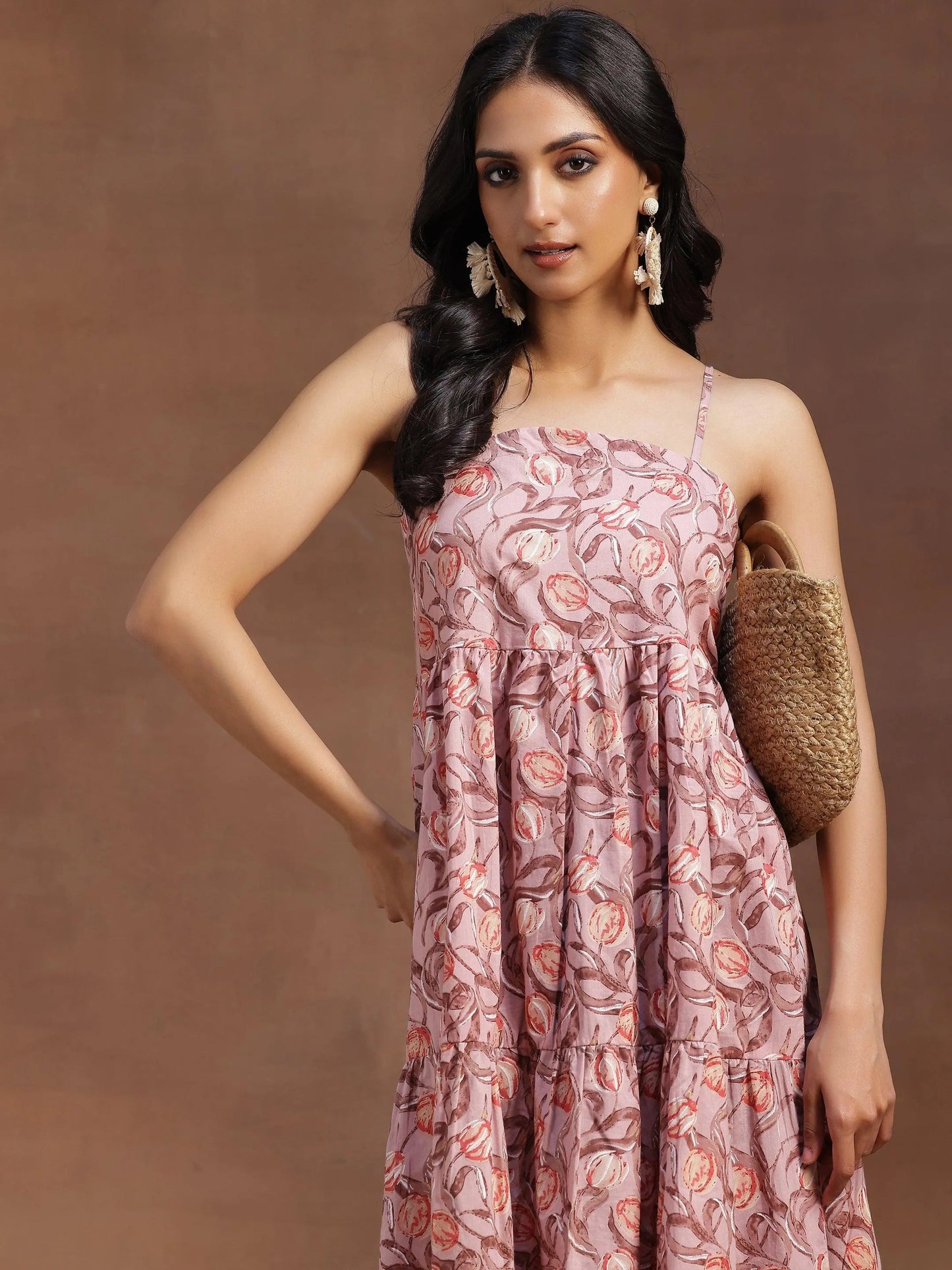 Peach Printed Cotton Fit and Flare Dress by My Store