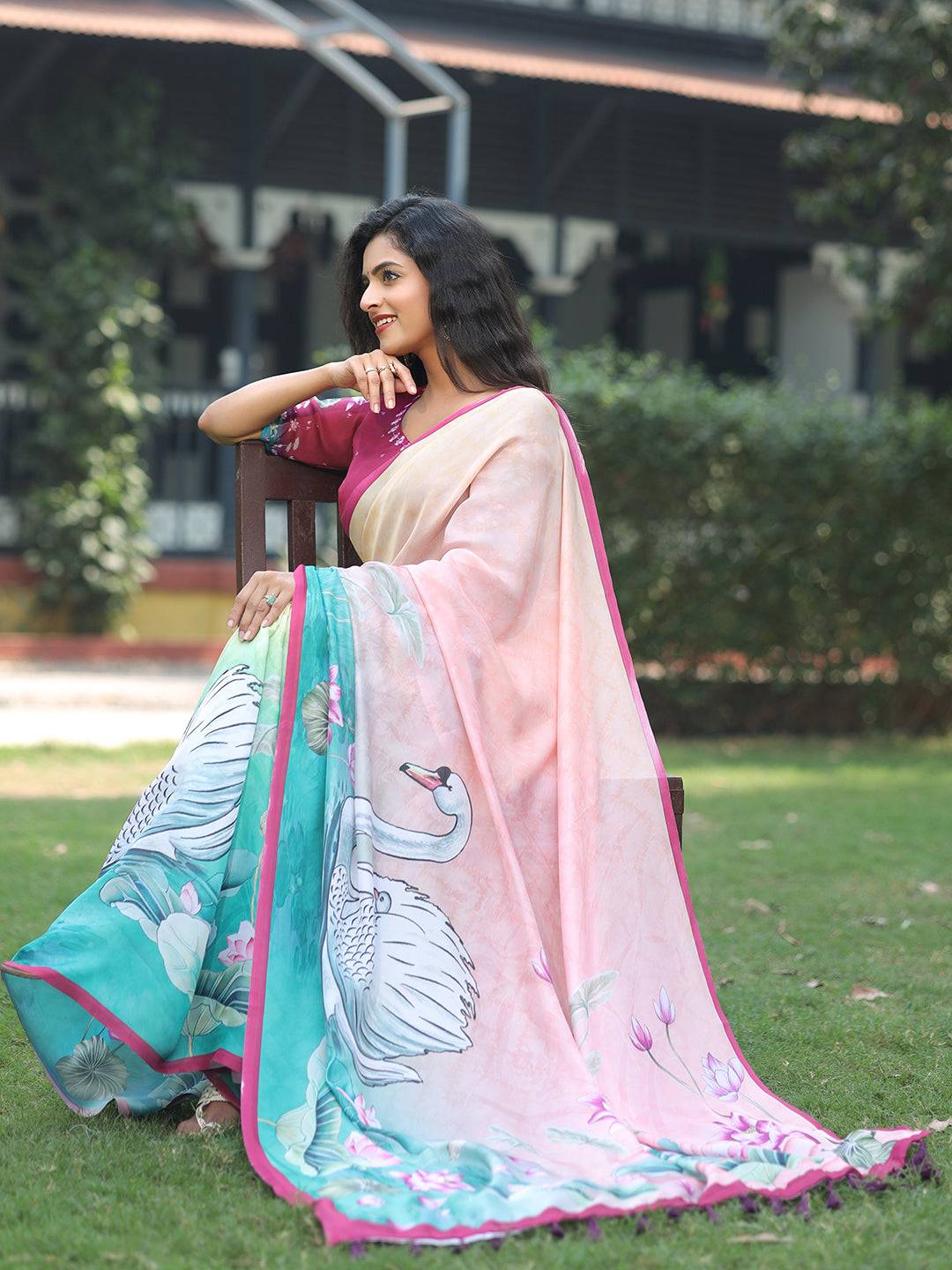 Satin Georgette Light Peach Colour Hand Print Saree - Luxe by My Store