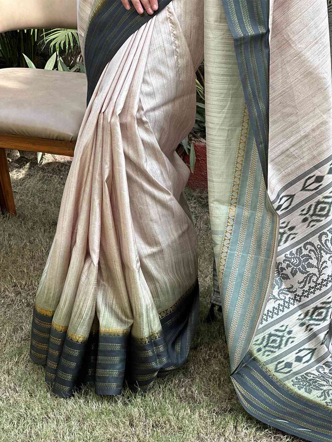 Ikkat Motifs and Paisley Prints on Ghicha Saree by My Store