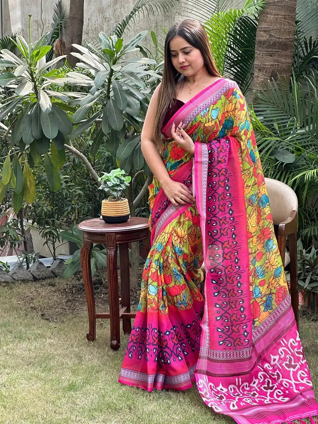 Floral Ikkat Printed Party Wear Saree by My Store
