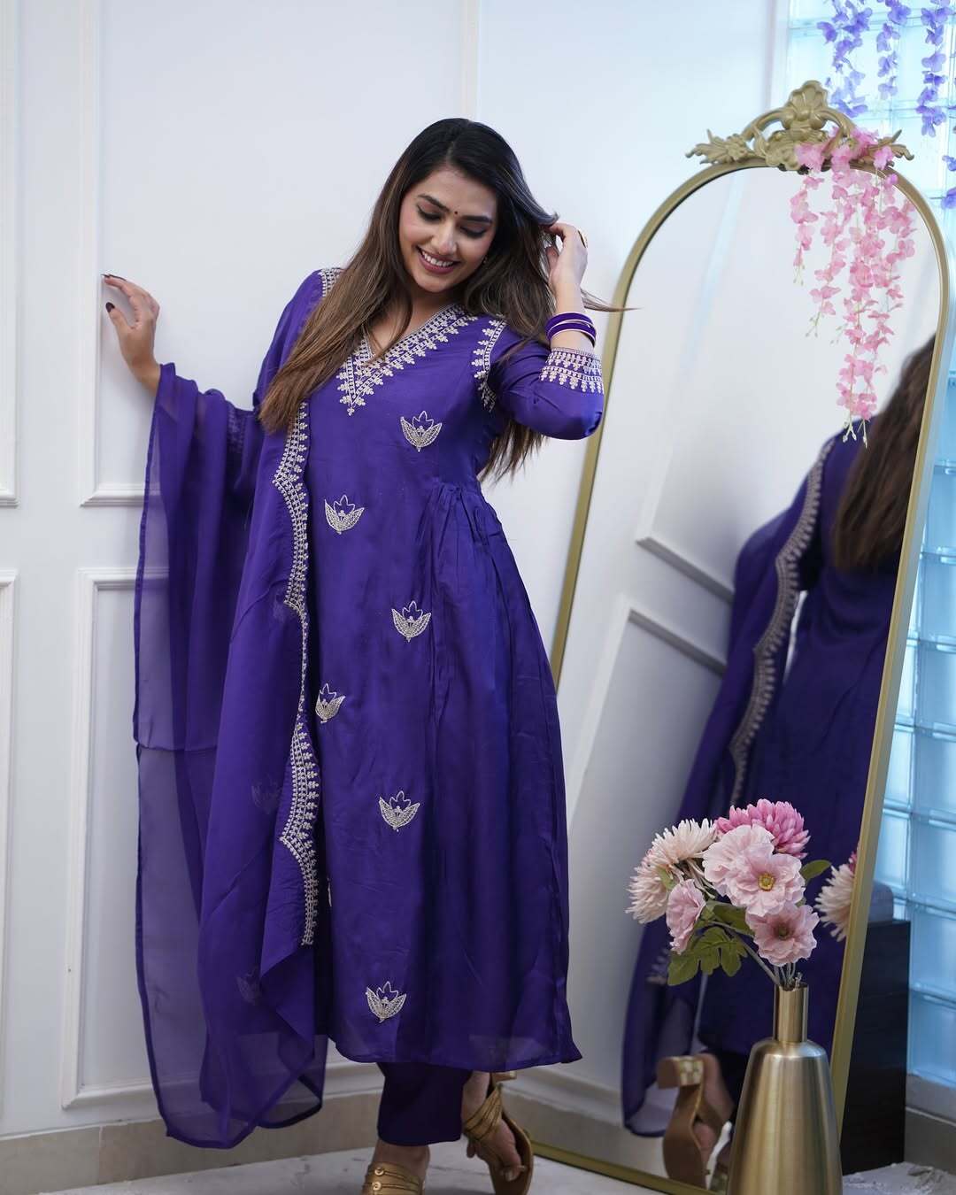 Women's Rayon Blend Anarkali Solid Kurta with Pant & Dupatta