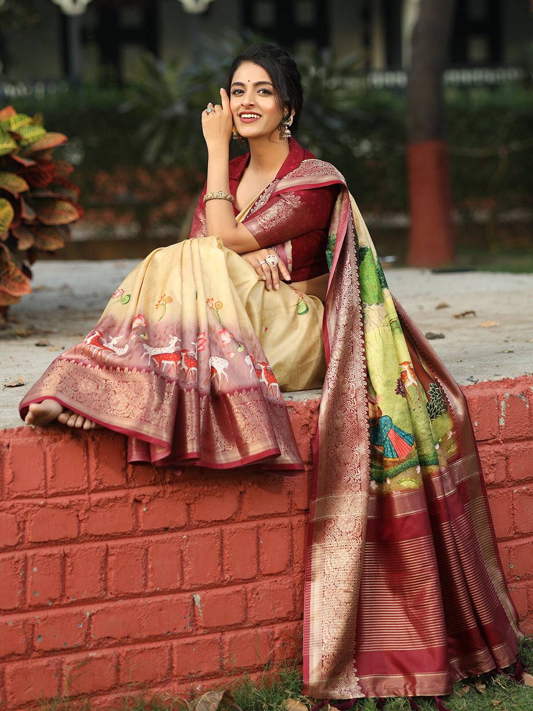 Pichwai Print Zari Weaving Pallu Saree In Yellow Colour - Luxe by My Store