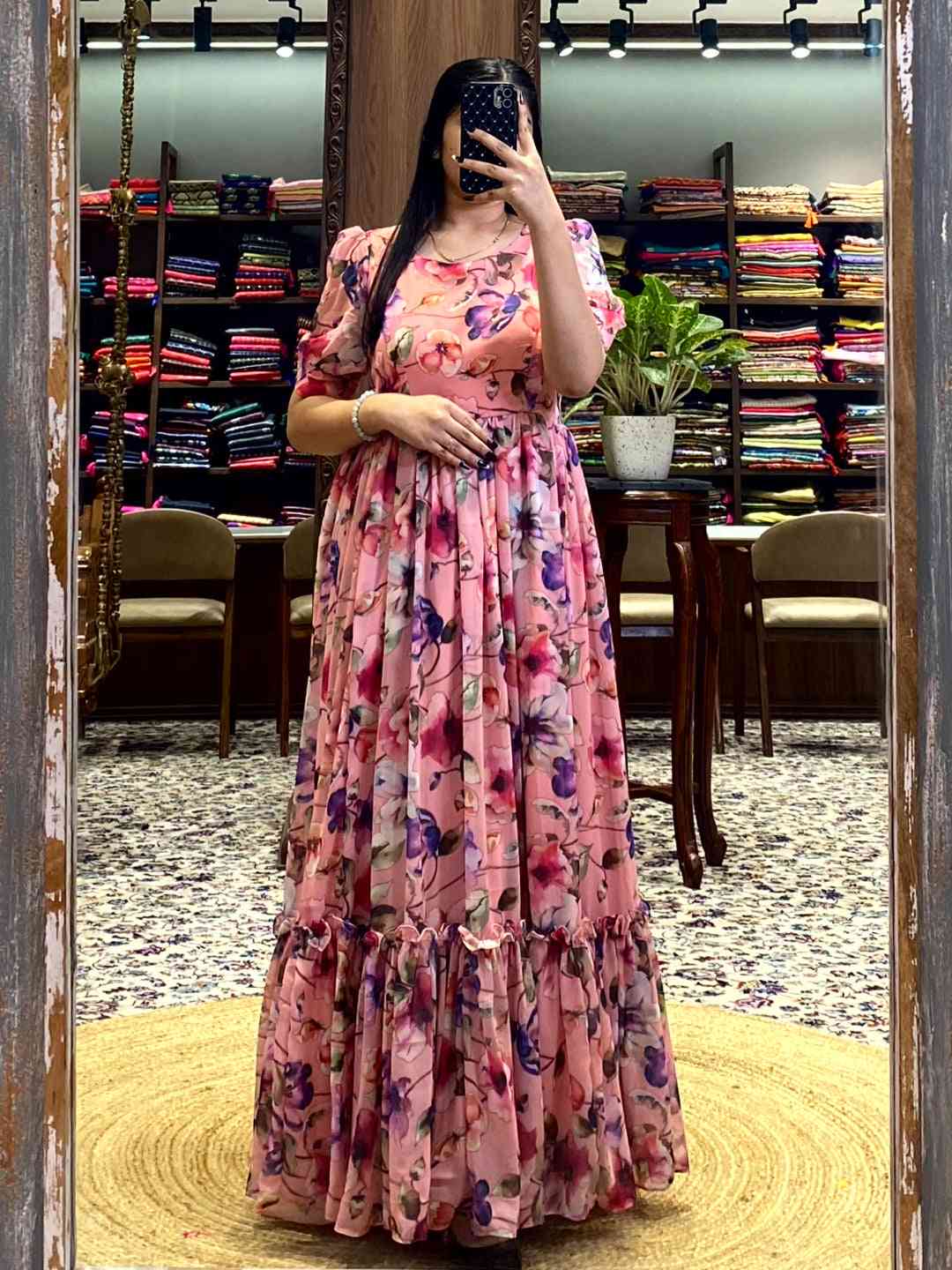 Salmon Pink Floral Georgette Dress by My Store